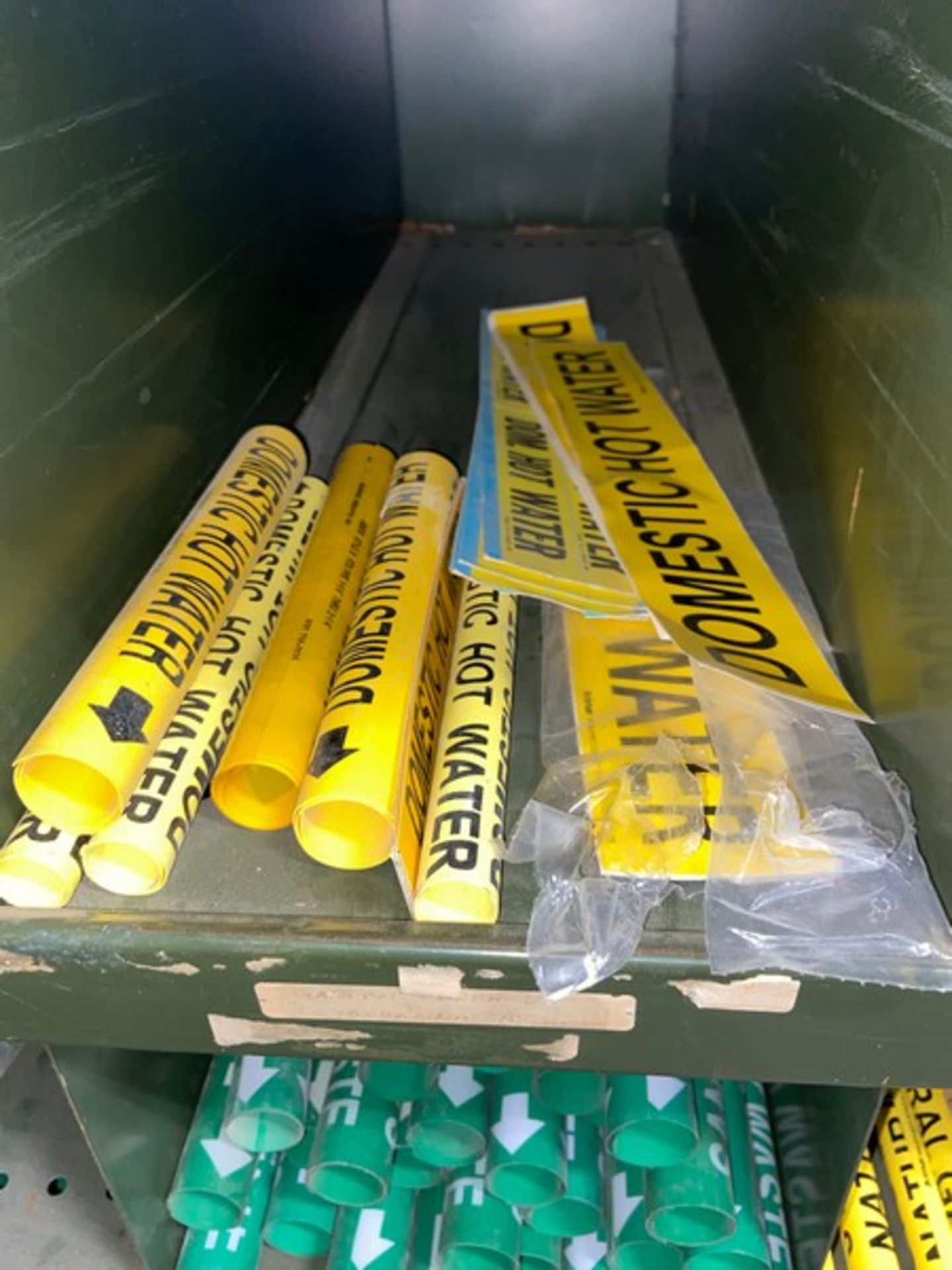 Lot of Assorted Pipe Signage, Includes Green & Yellow Signage, Labels Include Sanitary Drain,