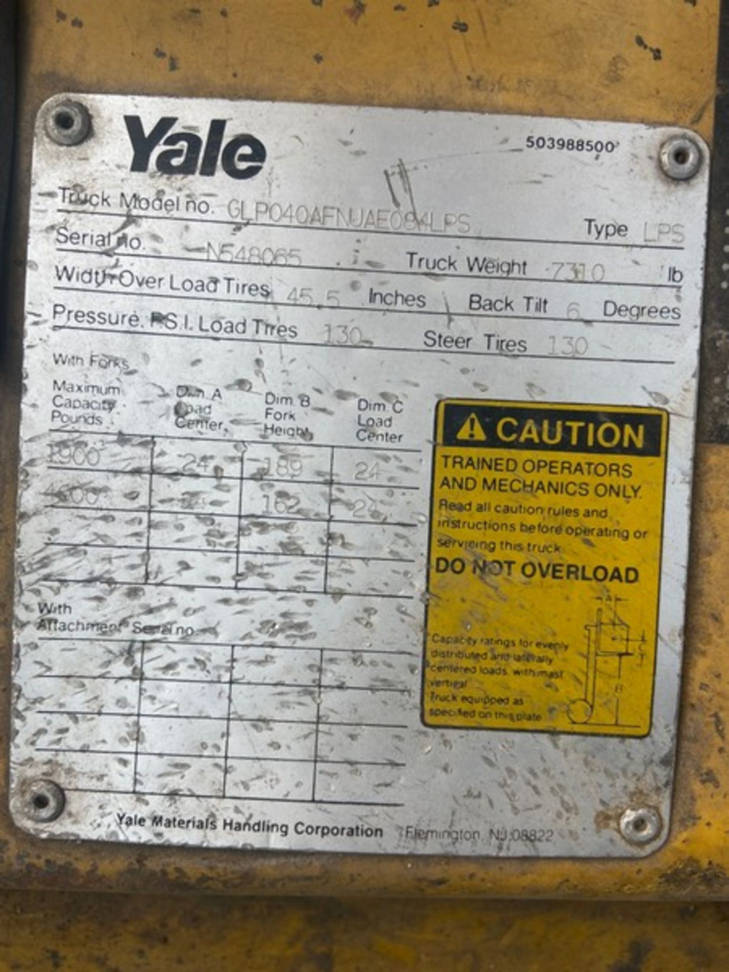 Yale 4,000 lb. Sit-Down Enclosed Forklift, M/N GLP040AFNUAE084LPS, S/N N538065, Propane Fuel, 3, - Image 12 of 14