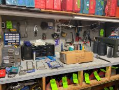 Lot of Assorted Tools on Board and Shop Table Top, Includes (6) Battery Chargers, (3) Rechargable