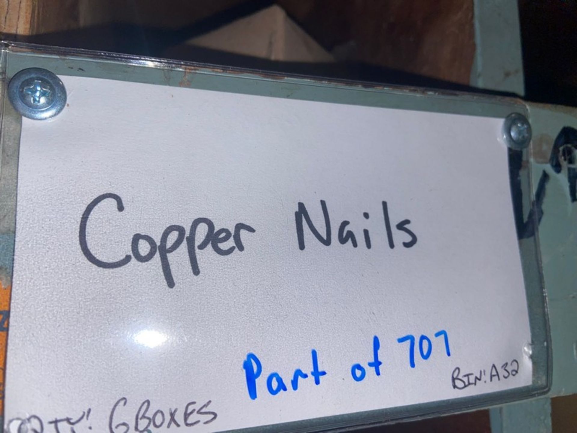 (10) 1-1/2" Two Hole Copper Strap (Bin: A31); 6-Boxes of Copper Nails (Bin: A32); (35) Copper 1/2" - Bild 5 aus 5