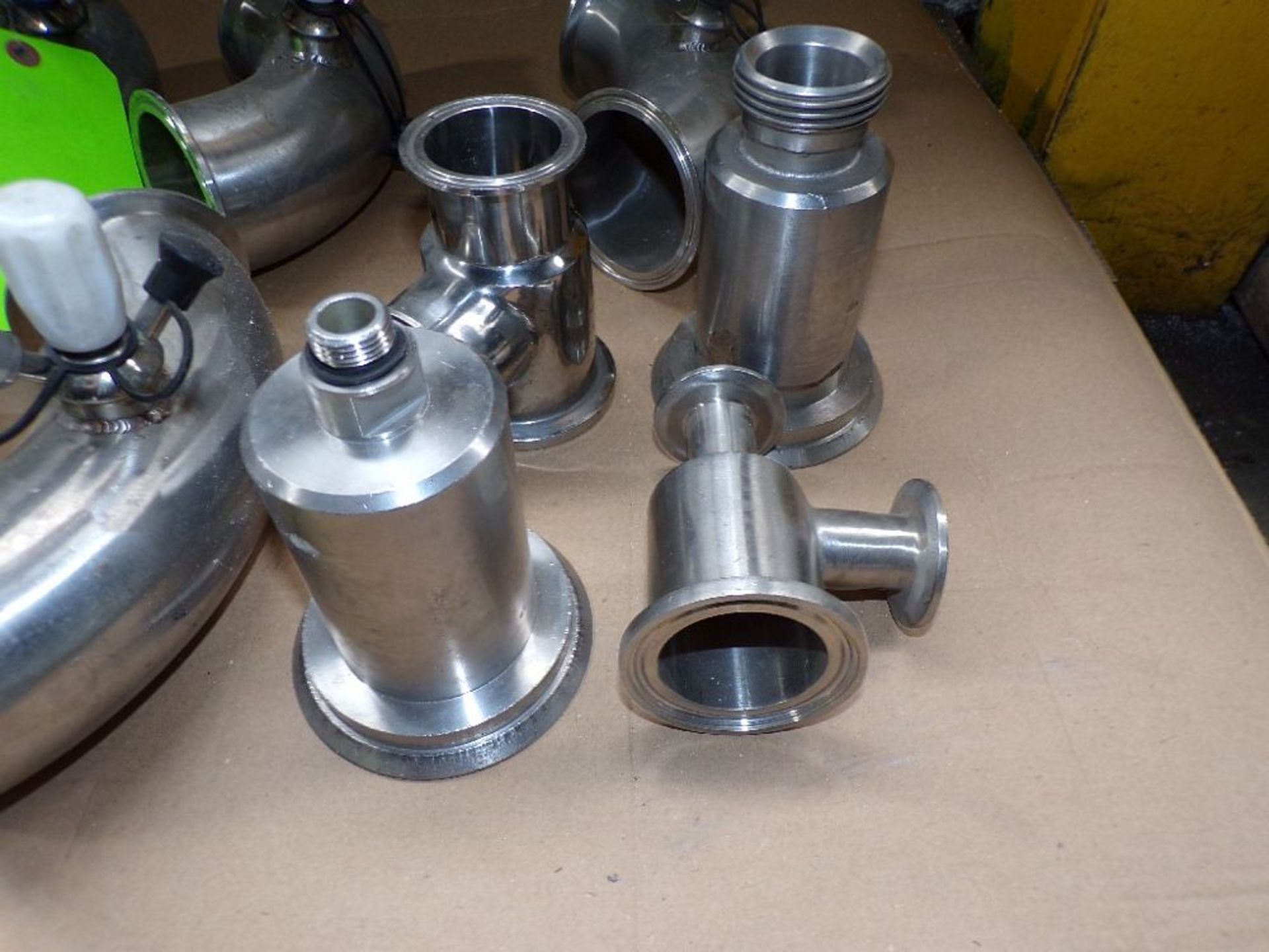 Qty (12) 3 inch sanitary stainless elbows with relief valves; (2) 3 inch valve bodies; (1) 2 inch - Image 3 of 3