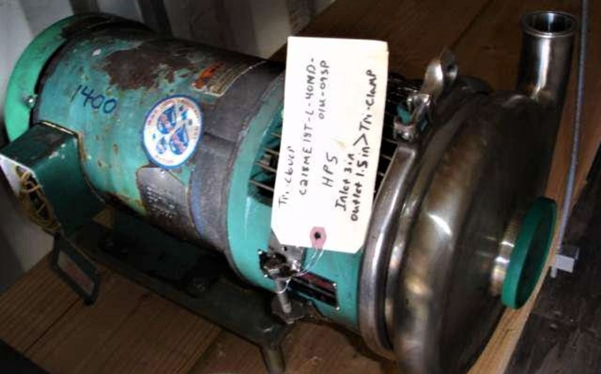Qty (1) Tri-Clover Sanitary Centrifugal Pump w/ motor - inlet 3' triclamp; outlet 1.5 triclamp;