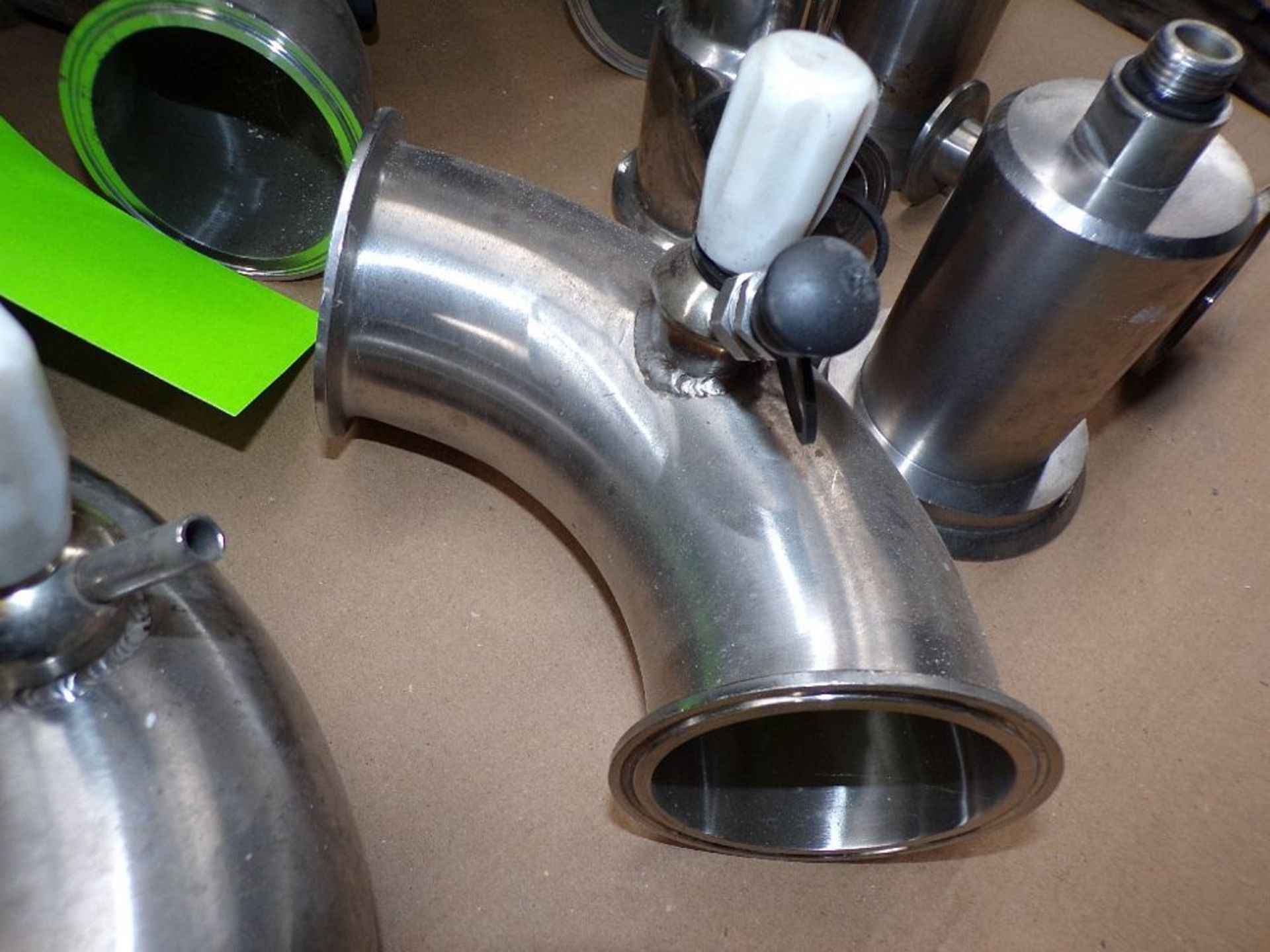 Qty (12) 3 inch sanitary stainless elbows with relief valves; (2) 3 inch valve bodies; (1) 2 inch - Image 2 of 3