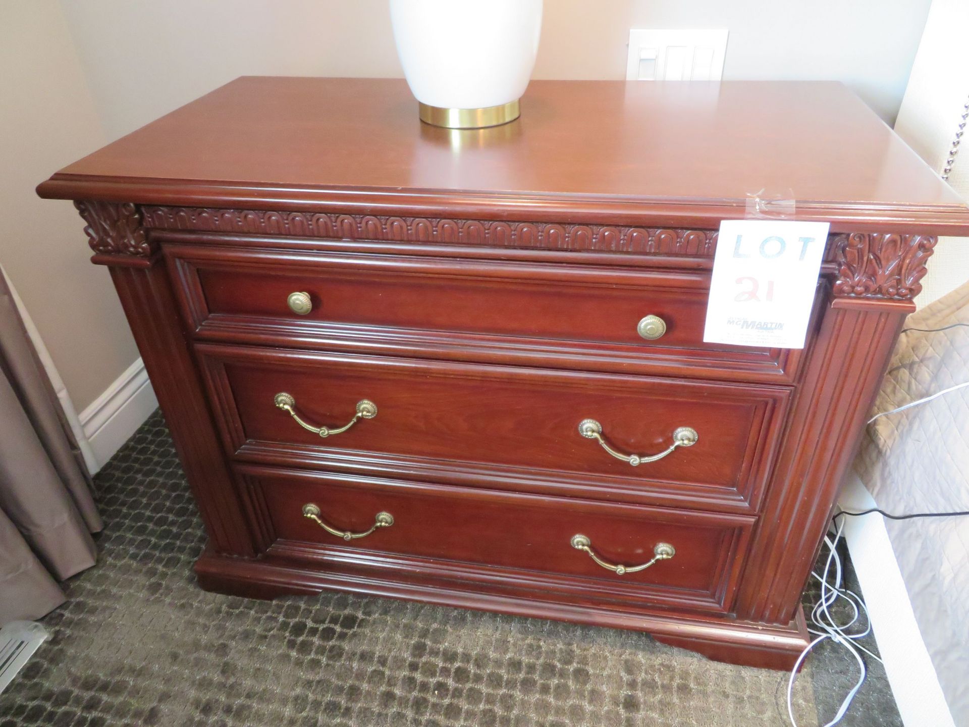 Decorative wood end table with 3 drawers approx. 41"w x 20"d x 30"h