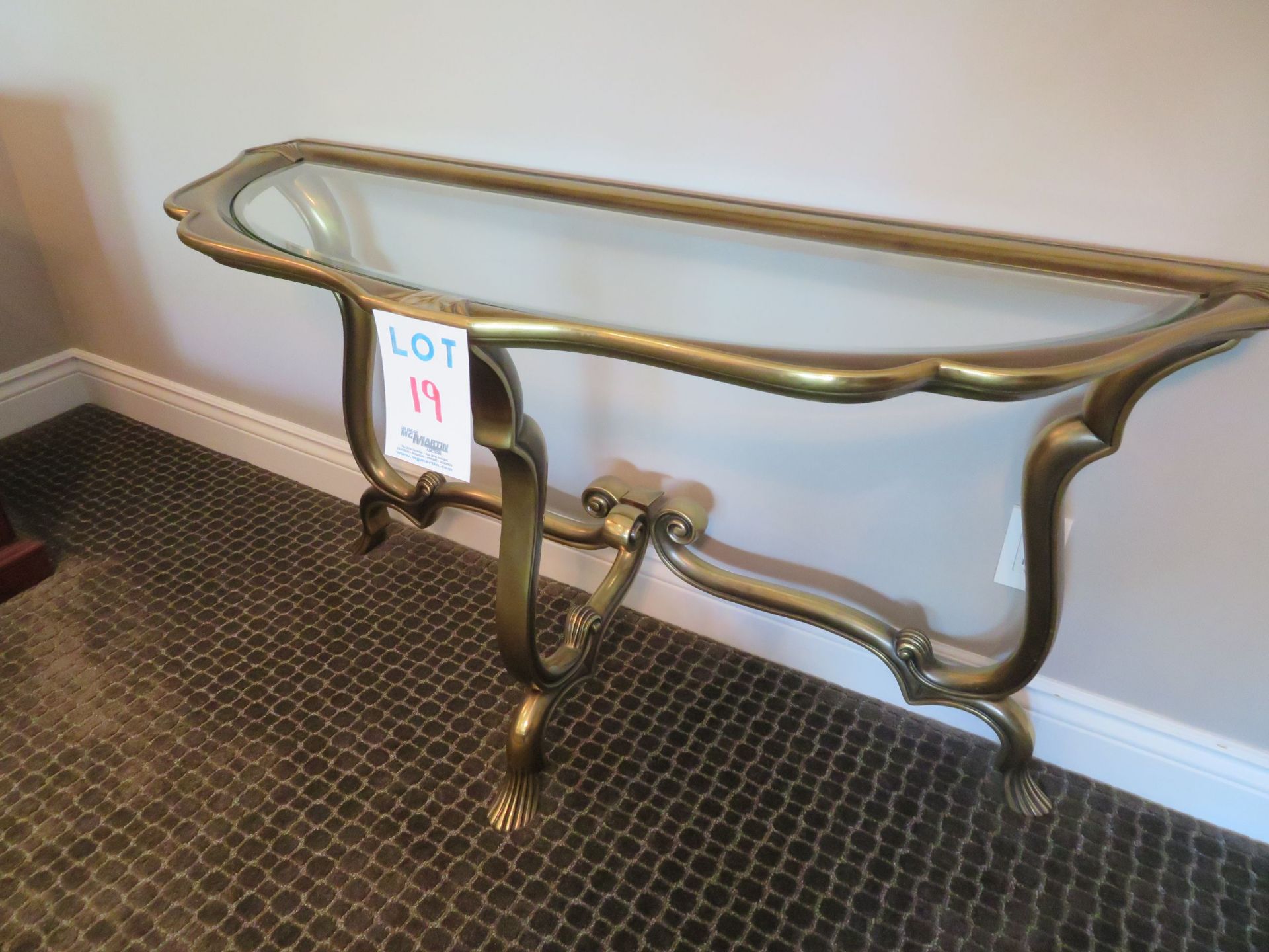Decorative brass table with glass approx. 52"w x 19"d x 28"h - Image 2 of 3