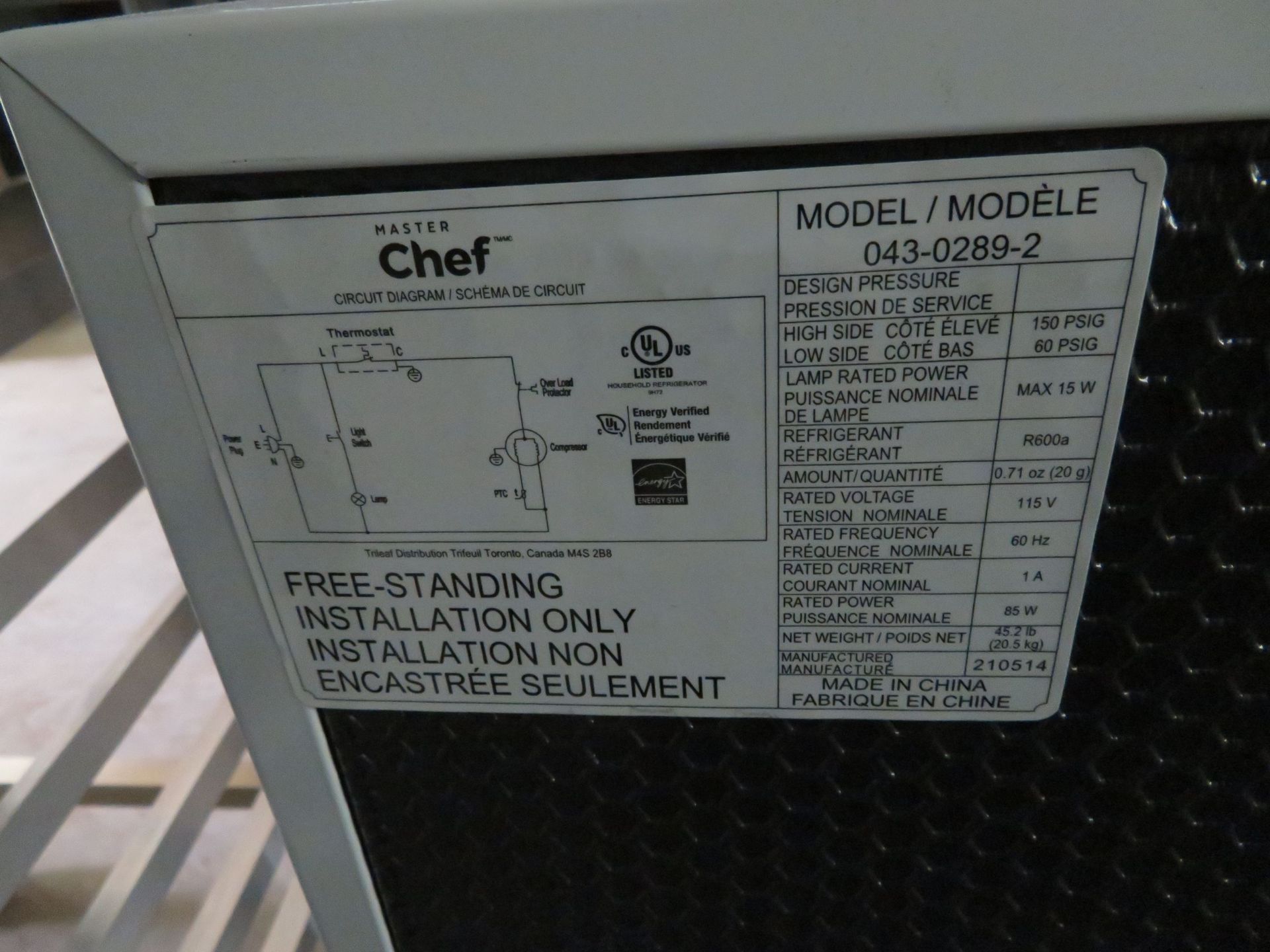 MASTERCHEF refrigerator, Mod: D43-0289-2, approx. 18"w x 17"d x 33"h - Image 3 of 3