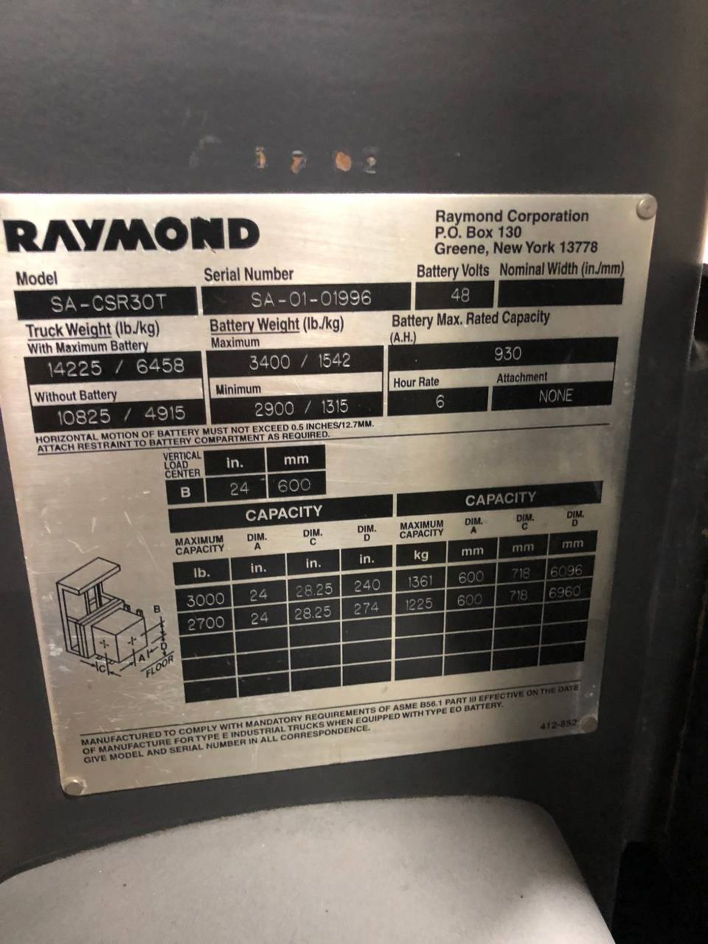 Raymond SA-CSR30T Electric Swing Reach Forklift - Image 4 of 5