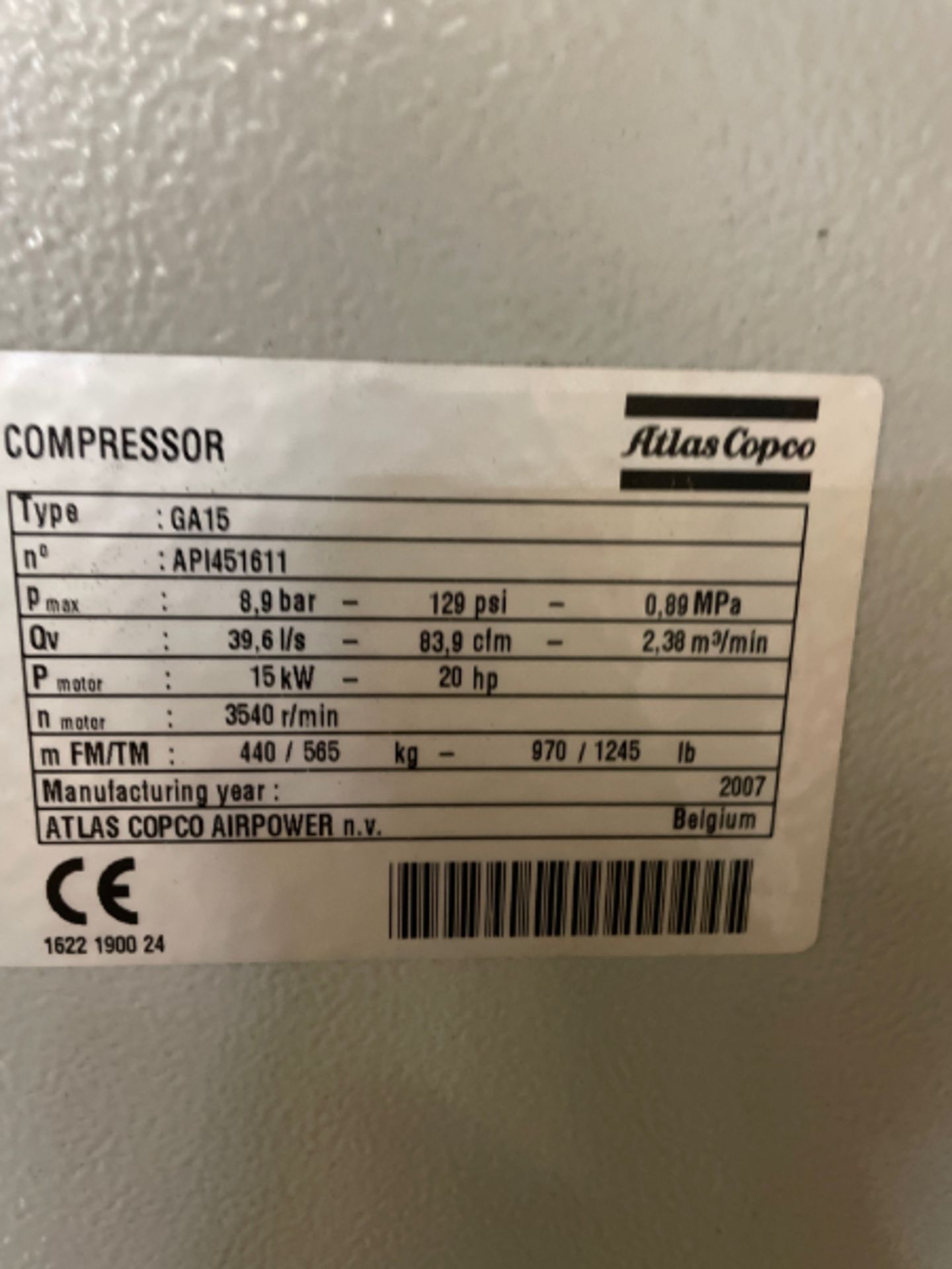 20 HP Atlas Copco GA15FF Rotary Screw Air Compressor - Image 6 of 6