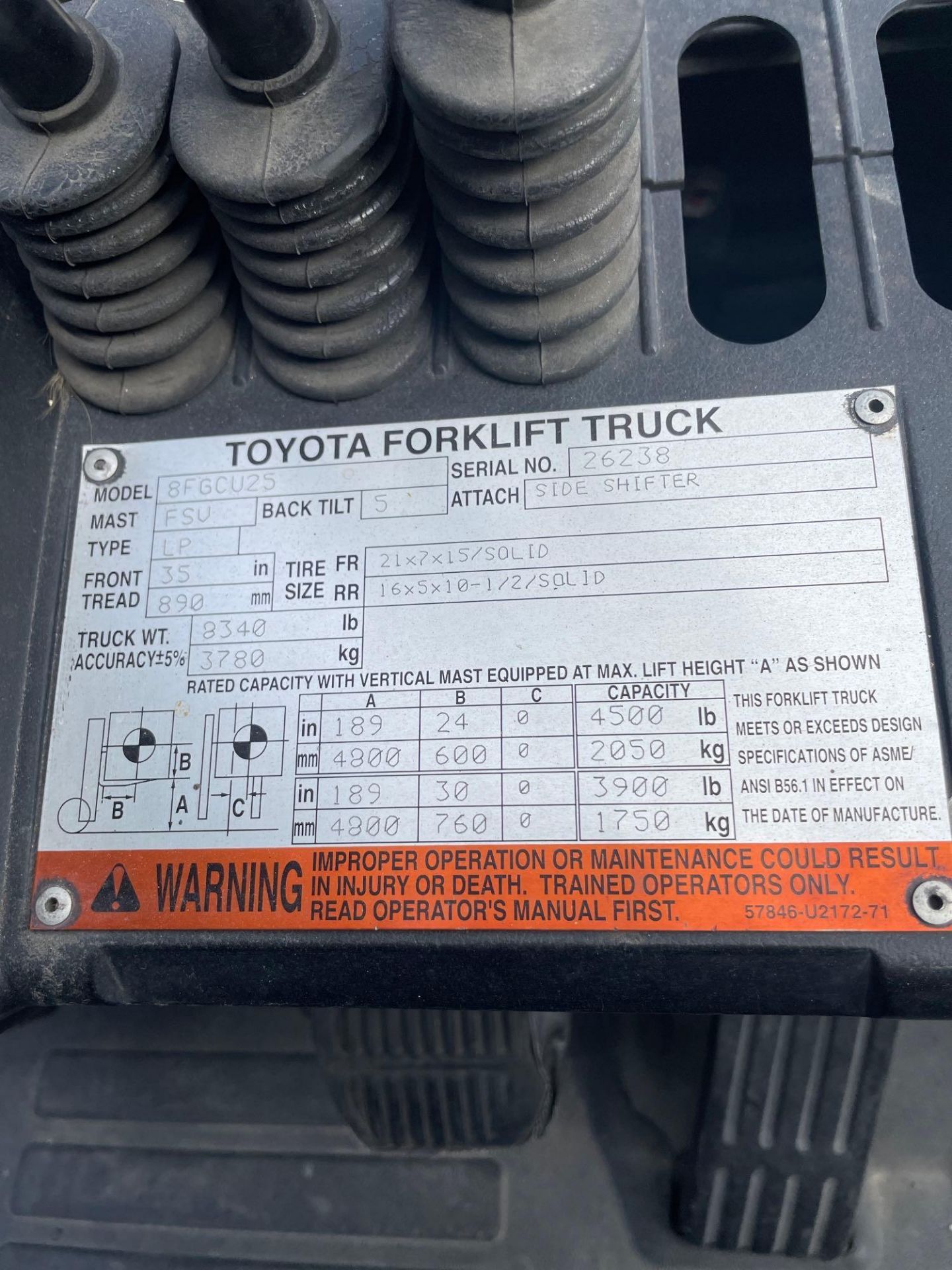 Toyota 8FGCU25 4,500lbs. LPG Forklift, s/n 26238 *Needs Wire Harness* - Image 6 of 6