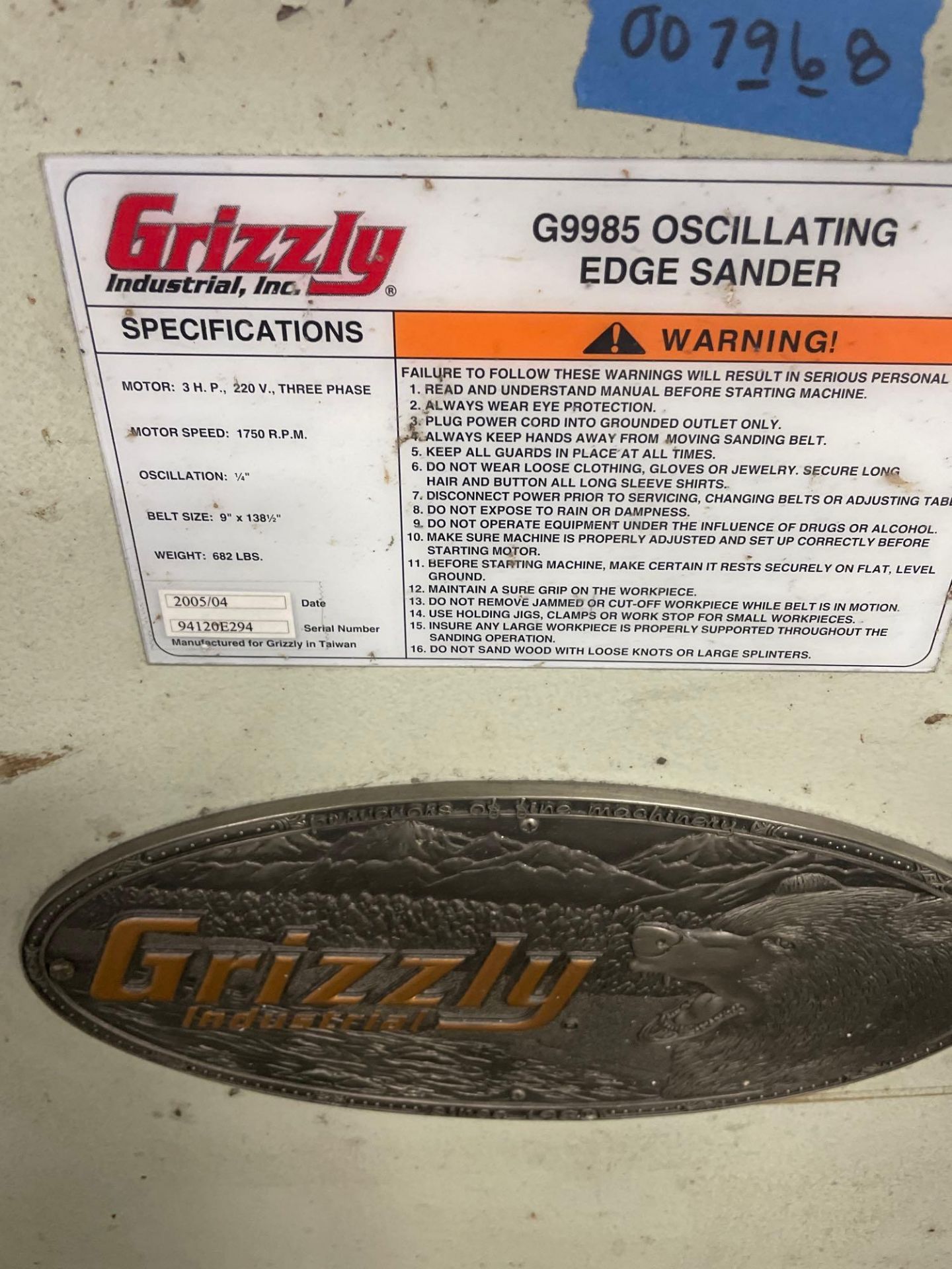 Grizzly G9985 Oscillating Edge Sander, 1/4" Oscillation, 9" x 138.5" Belt, s/n 94120E294, New 2005 - Image 5 of 5