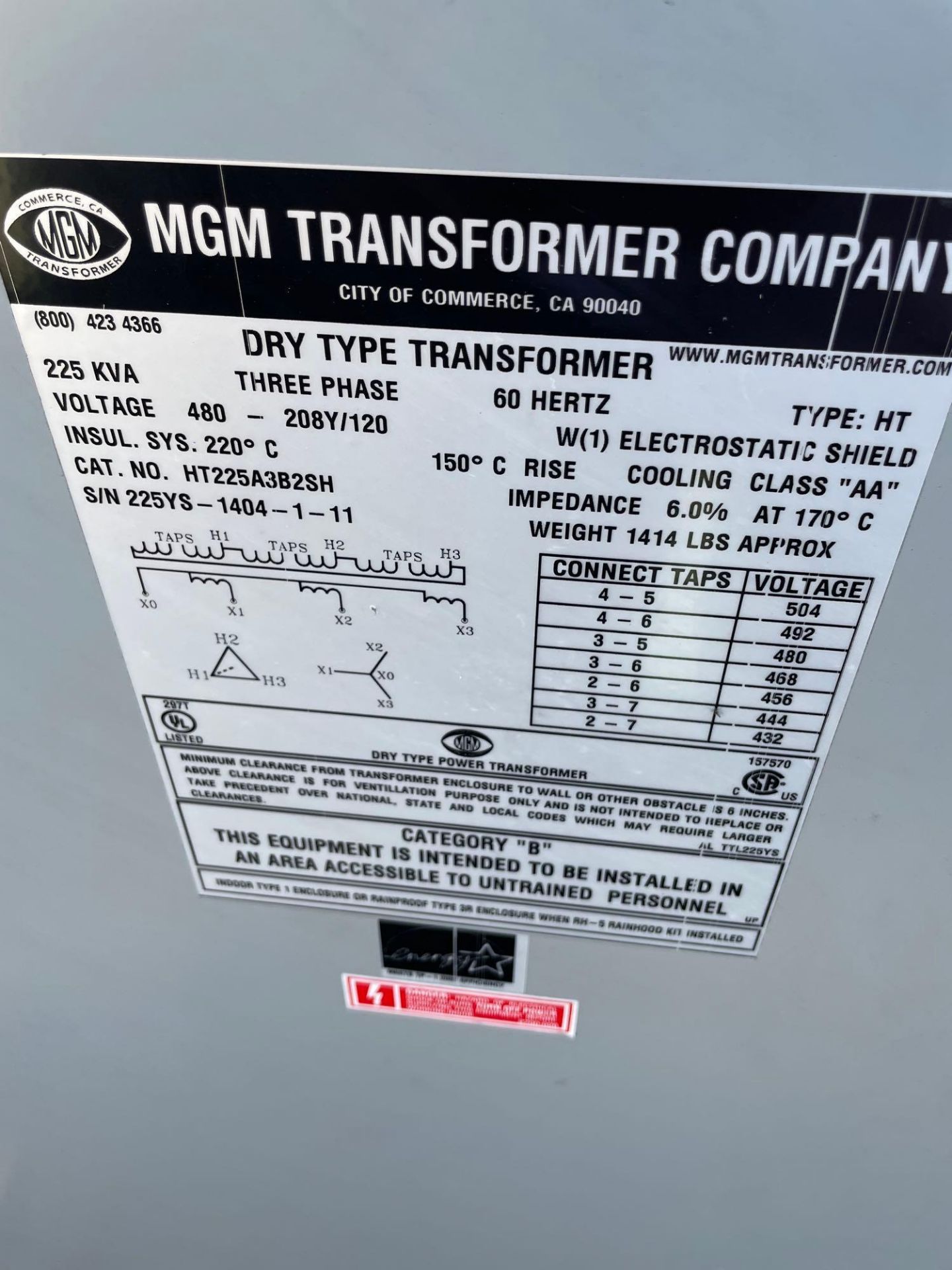 MGM Transformer, 225 KVA, 3 Phase, 480V, Category B - Image 3 of 3