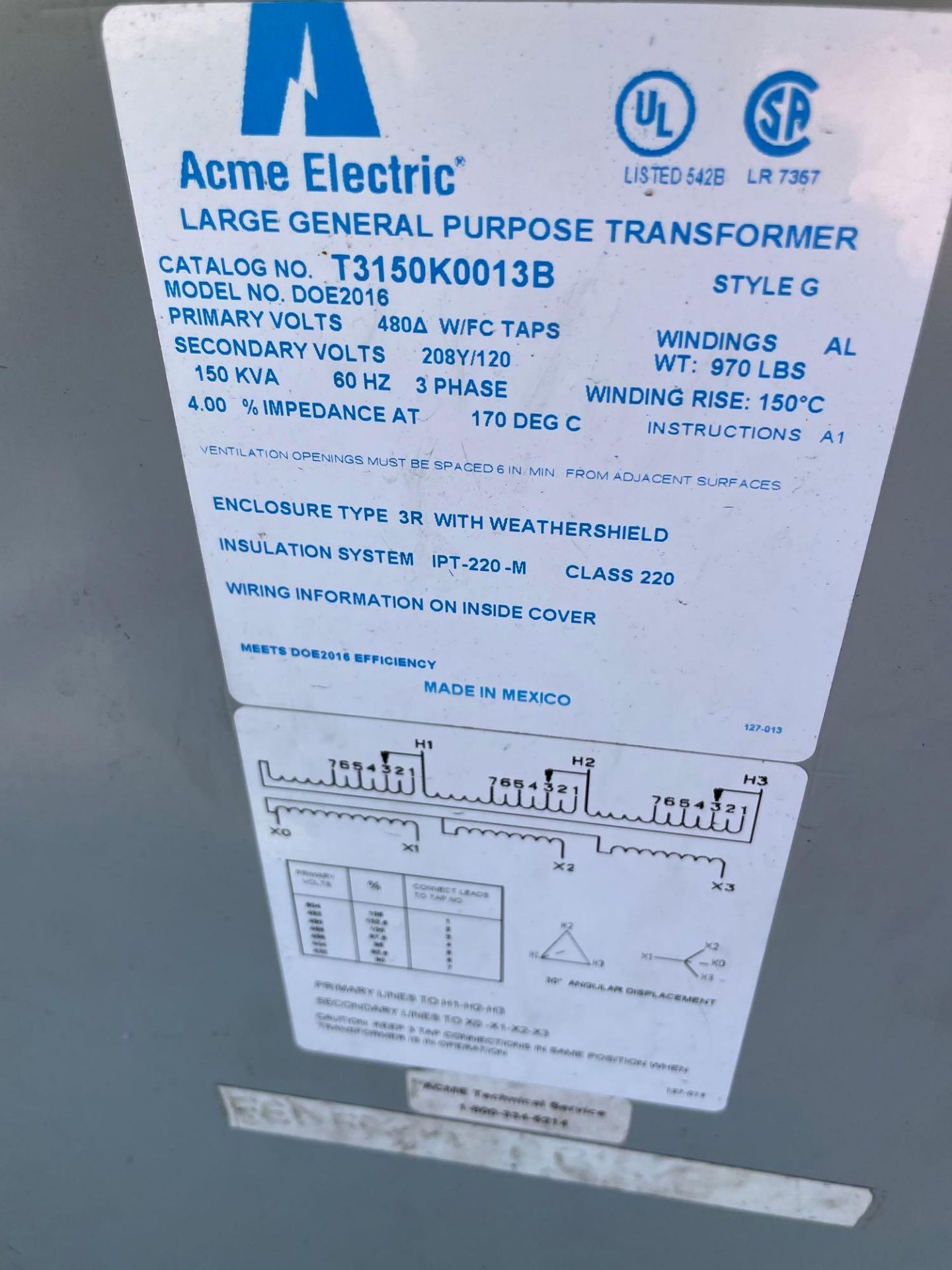 Acme Electric Transformer, 150 KVA, 3 Phase, 480V, Class 220 - Image 3 of 3