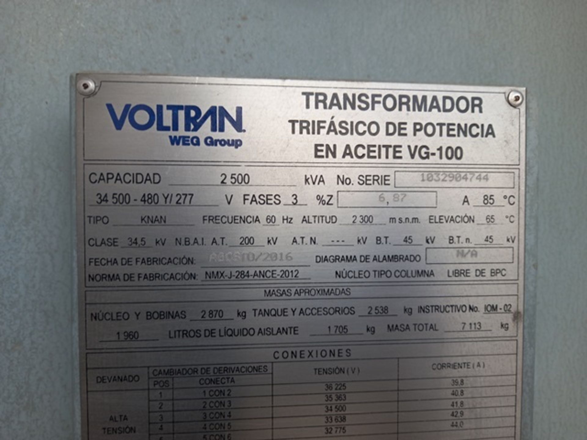 2500 KVA Electric Transformer, 34,500-480Y/277 V, Serial Number: 1032904744, Year 2016 - Image 6 of 7