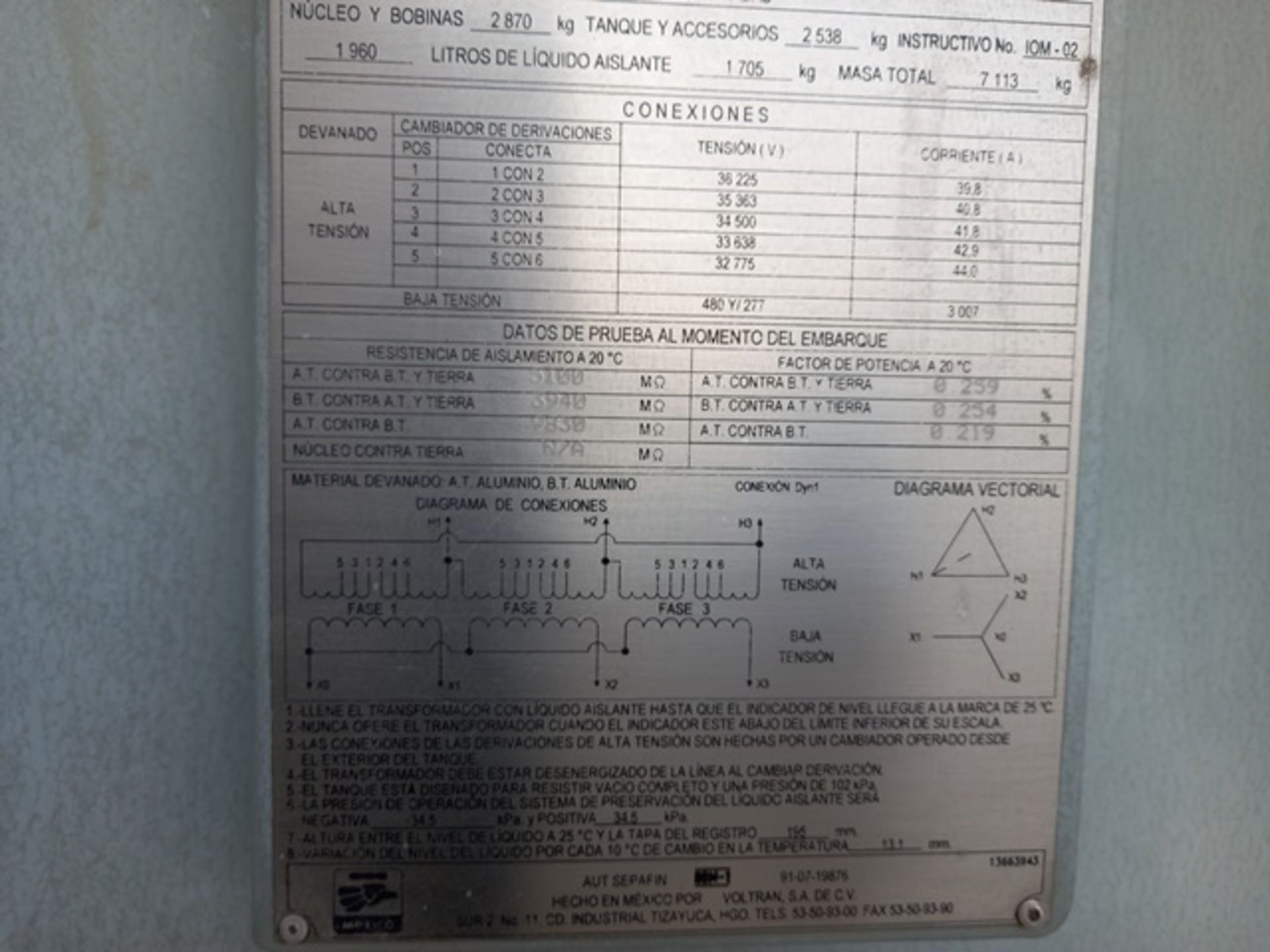 2500 KVA Electric Transformer, 34,500-480Y/277 V, Serial Number: 1032904744, Year 2016 - Image 7 of 7