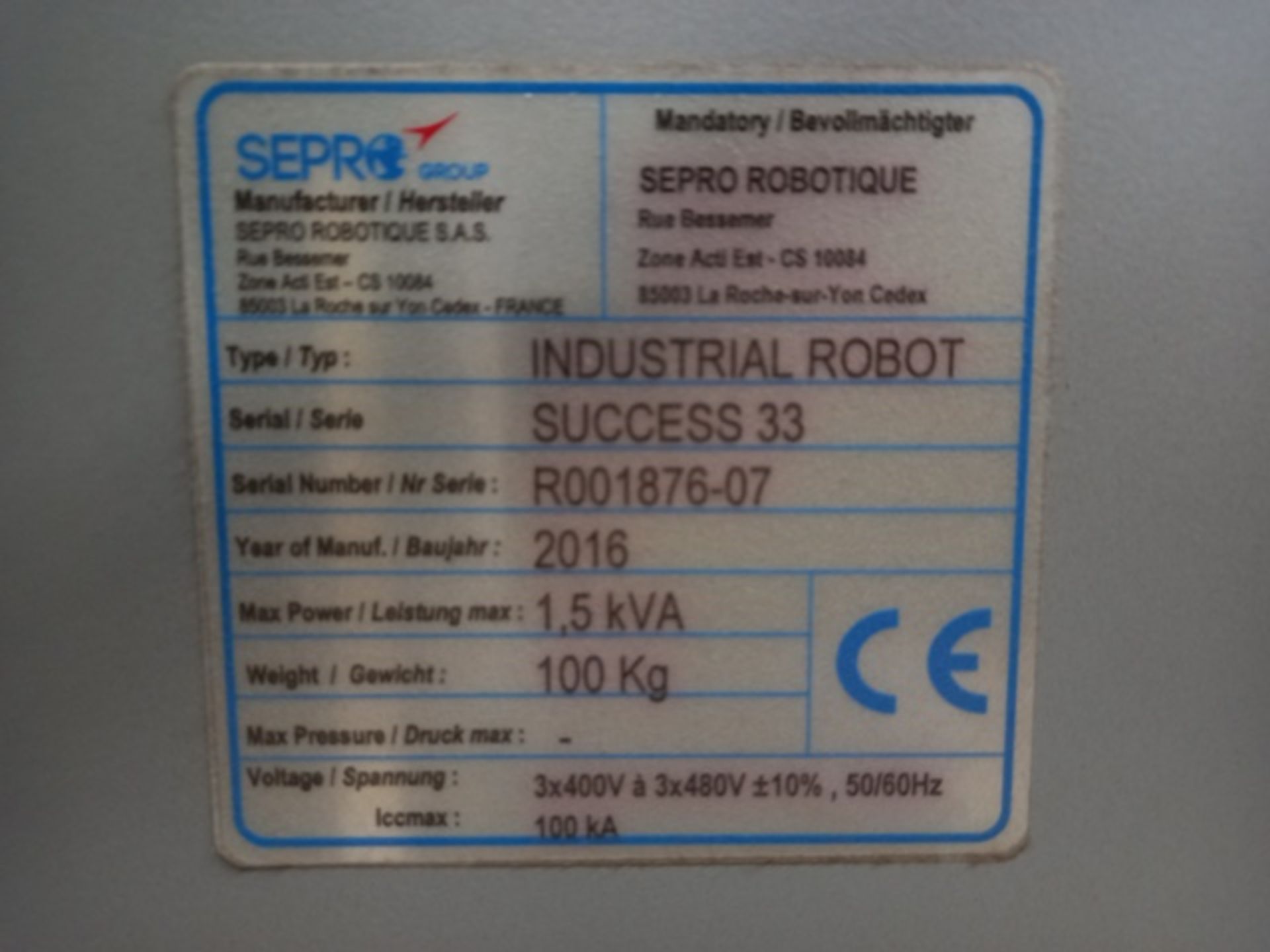 Sepro Success 33-500 15 Kg Full Servo Robot; Serial: R001876-07; Mfg Year: 2016 - Image 12 of 12