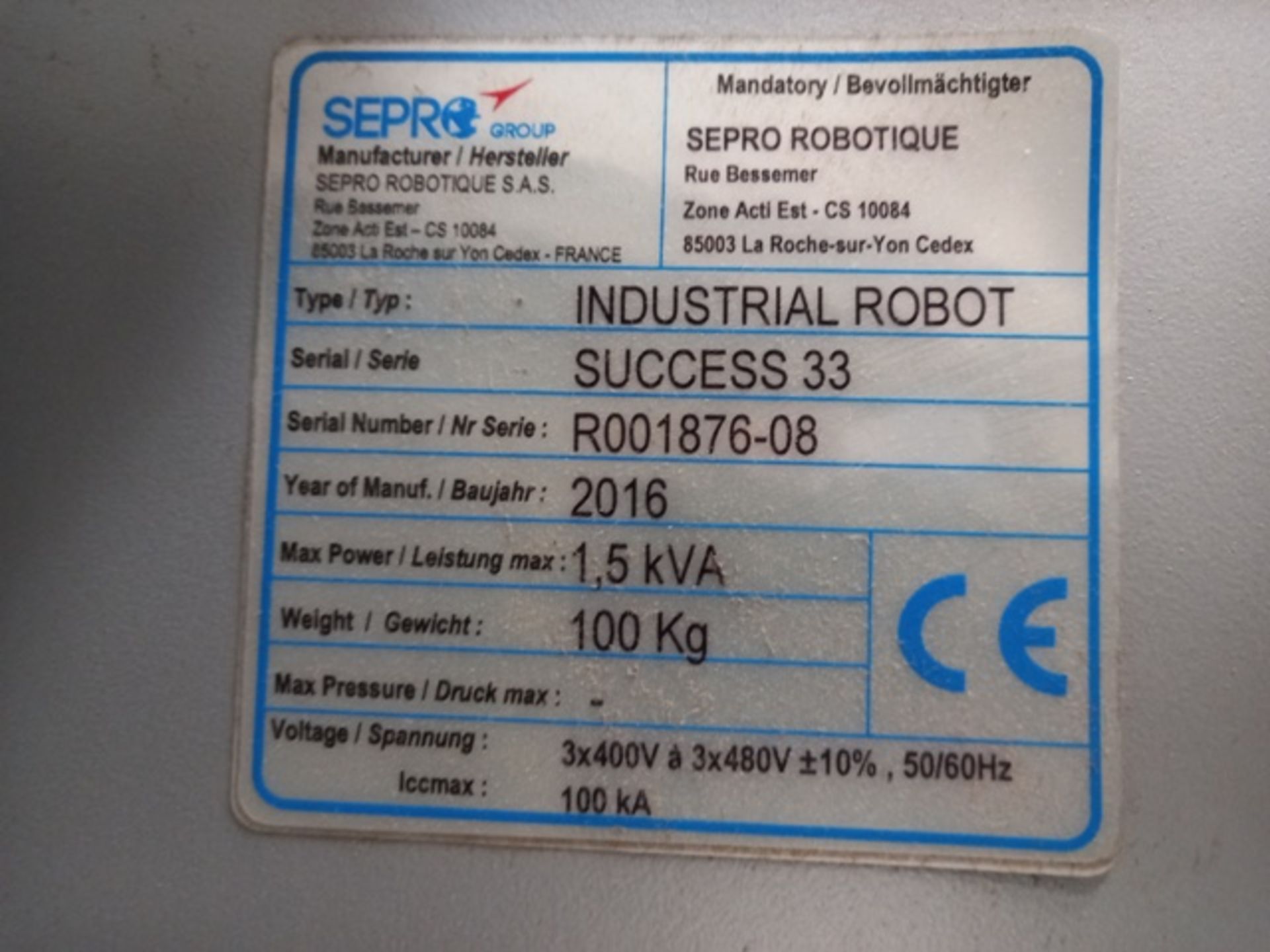 Sepro Success 33 Full Servo Robot; Serial: R001876-08; Mfg Year: 2016 - Image 12 of 13