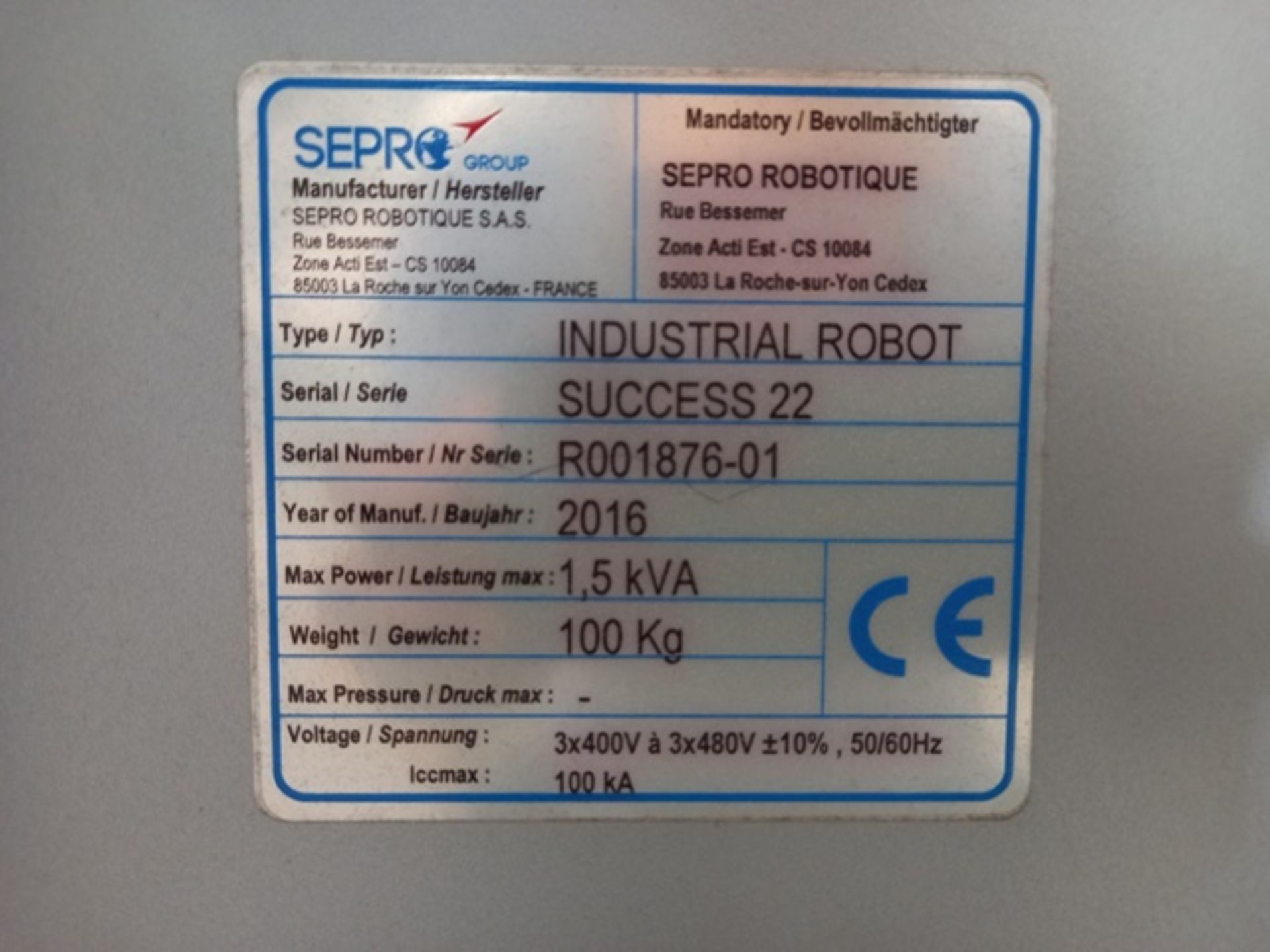 Sepro Full Success 22-240-360 10 Kg Servo Robot, Serial: R001876-01; Mfg Year: 2016 - Image 18 of 19