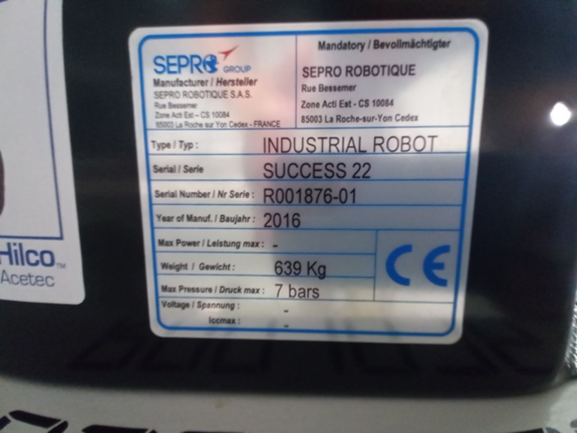 Sepro Full Success 22-240-360 10 Kg Servo Robot, Serial: R001876-01; Mfg Year: 2016 - Image 5 of 19