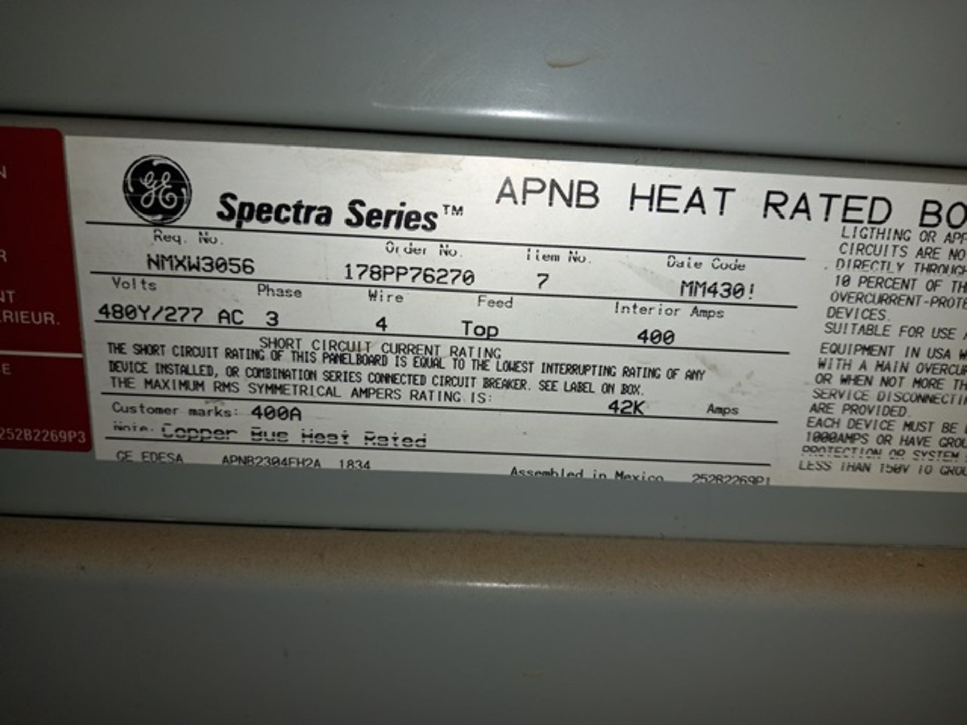 400 Amp General Electric Spectra Series Low Voltage Board; 280 Y/277 V, With Power Switch - Image 7 of 8