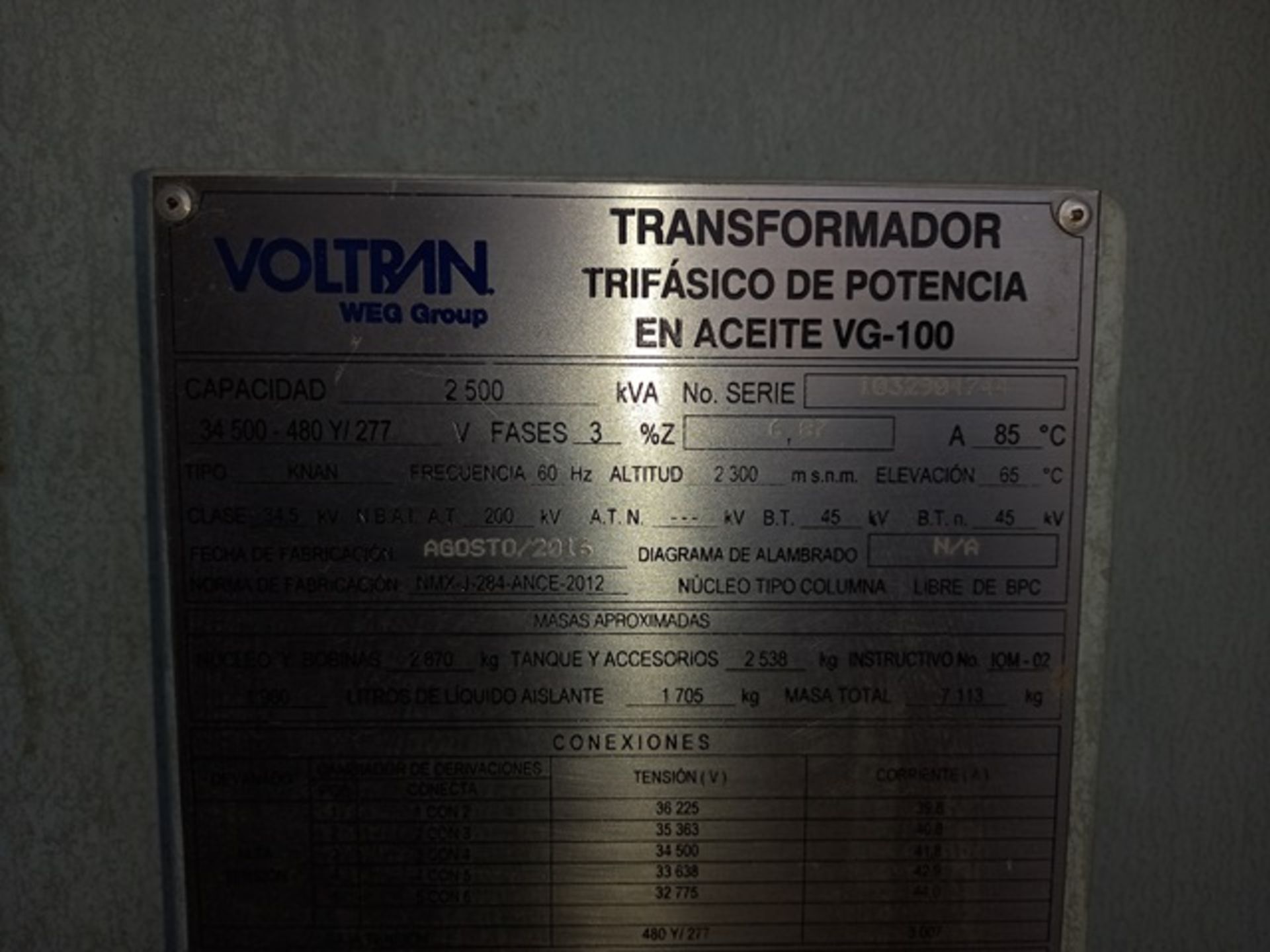 2500 KVA Electric Transformer, 34,500-480Y/277 V, Serial Number: 1032904744, Year 2016 - Image 5 of 7