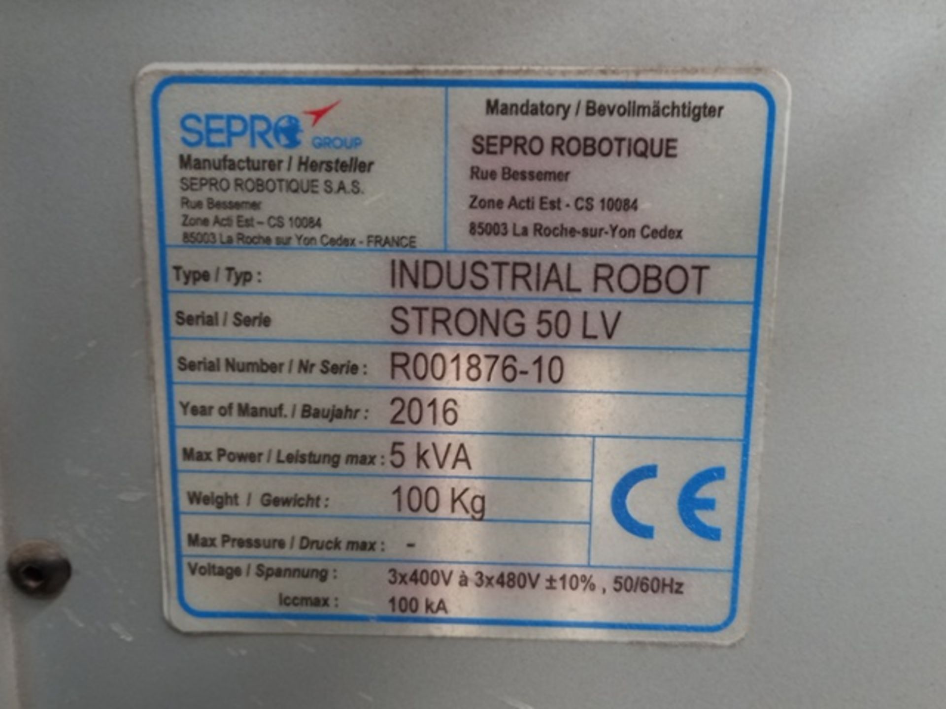 Sepro Full Servo Robot; Strong 50-LV, Maximum Load 40-35 Kg, Serial: R001876-10; Mfg Year: 2016 - Image 8 of 8