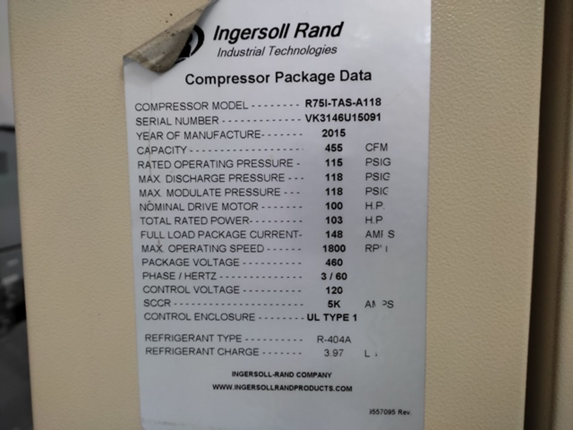 Ingersoll Rand R75I-TAS-A118 455 CFM to 138 Psig Compressor; Serial: VK3146U15091; Year: 2015 - Image 8 of 8