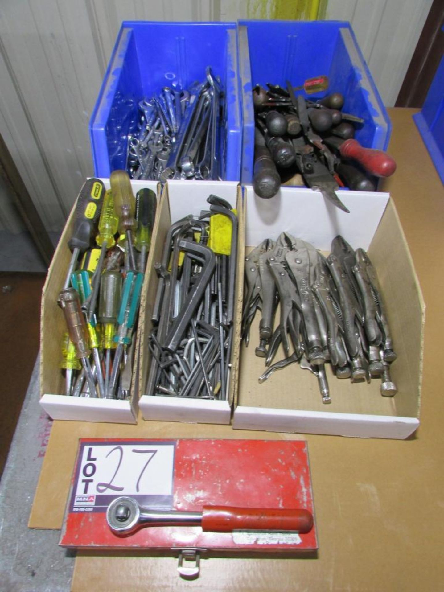 Assorted Hand Tools: Wrenches, Drivers, Files, Allen Wrenches, Ratchet, Vice Grips, and Socket Set