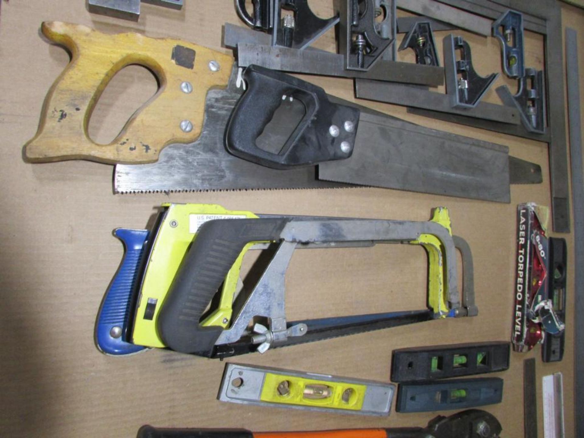 Assorted Hand Tools: Ruler, leveler, Squares, Saws, Compression tool, Adjustable Wrenches, and Pipe - Image 4 of 5