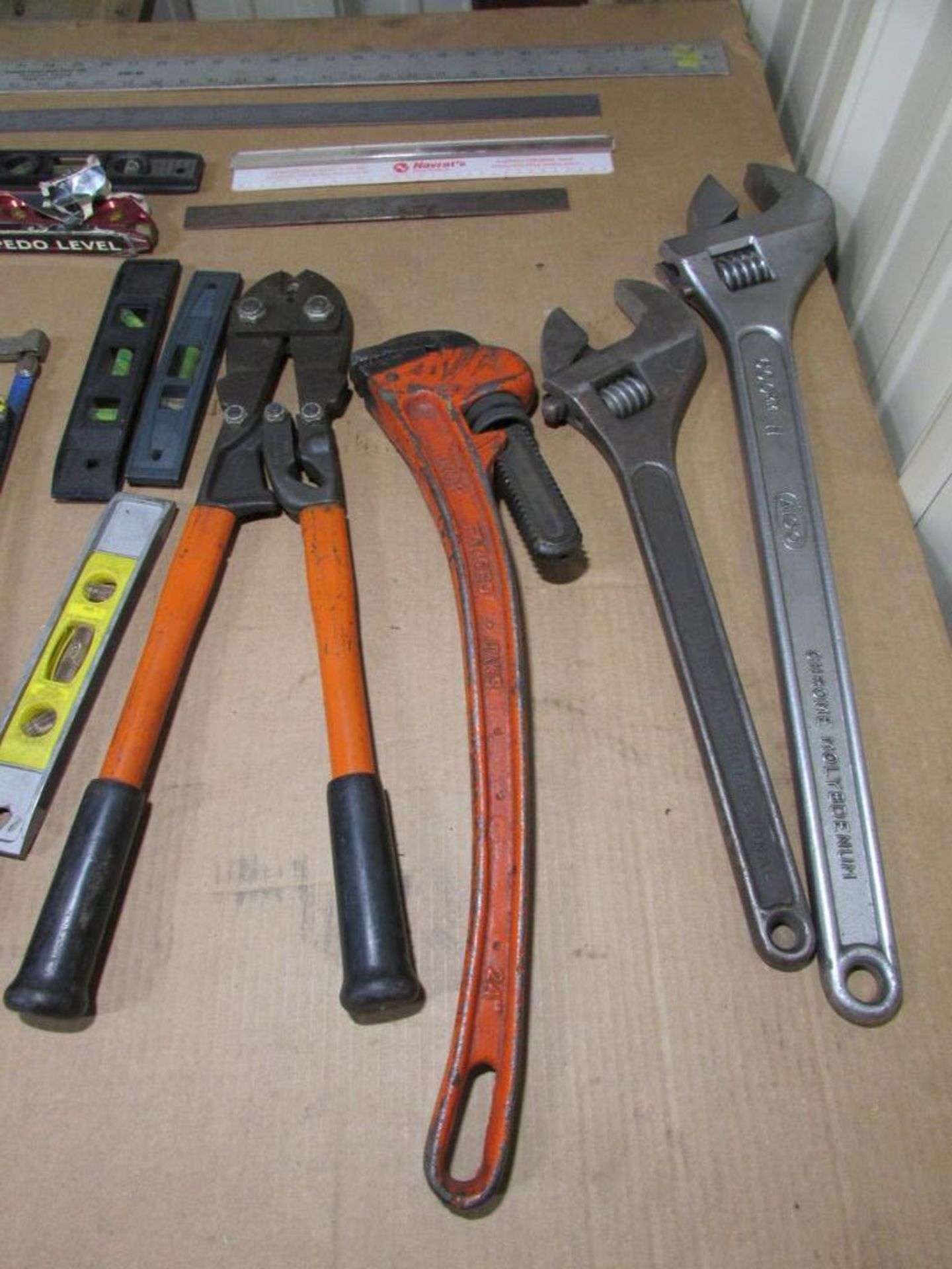 Assorted Hand Tools: Ruler, leveler, Squares, Saws, Compression tool, Adjustable Wrenches, and Pipe - Image 5 of 5