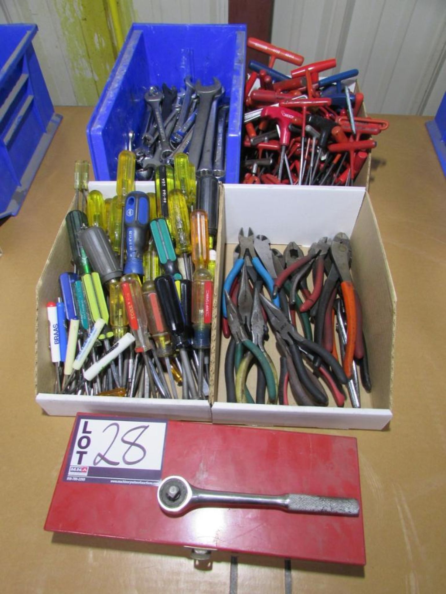 Assorted Hand Tools: Wrenches, Drivers, Allen Wrenches, Ratchet, Pliers, and Socket Set