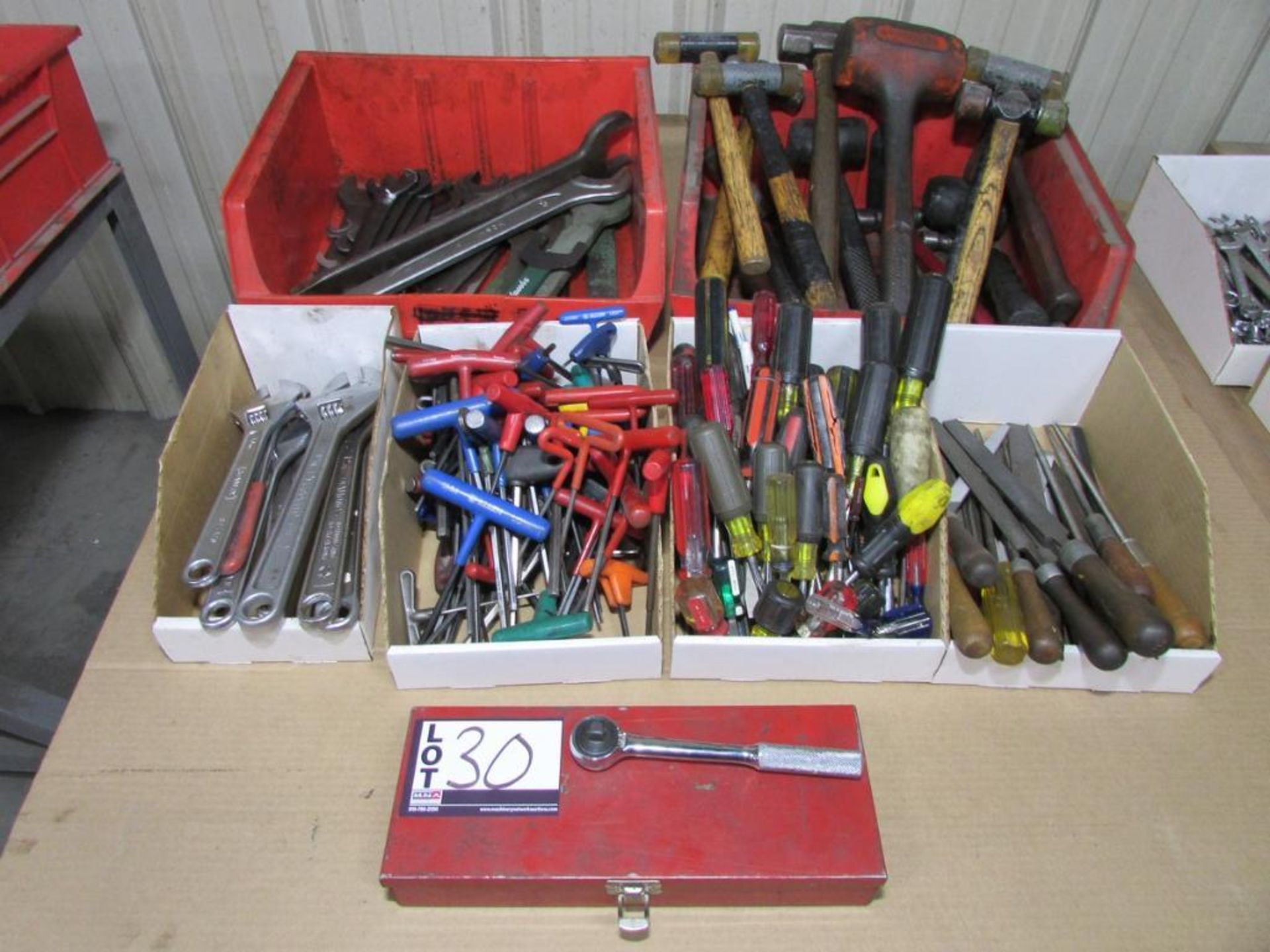 Assorted Hand Tools: Wrenches, Hammers, Files, Drivers, Allen Wrenches, Adjustable Wrenches, Ratchet