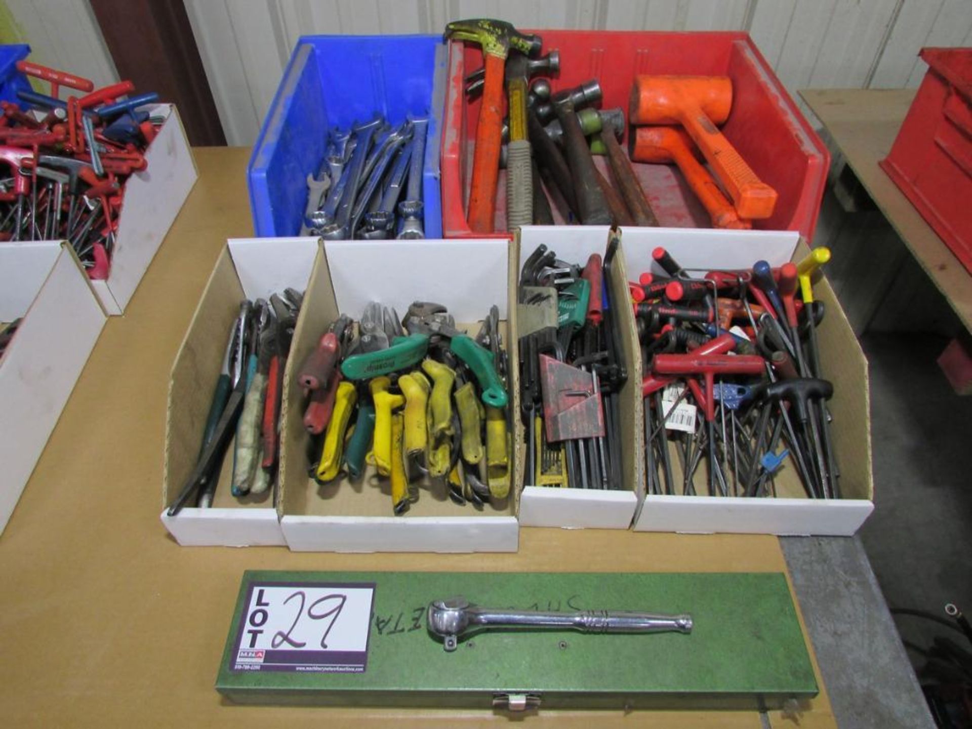 Assorted Hand Tools: Wrenches, Hammers, Pliers, Snips, Allen Wrenches, Ratchet, and Socket Set