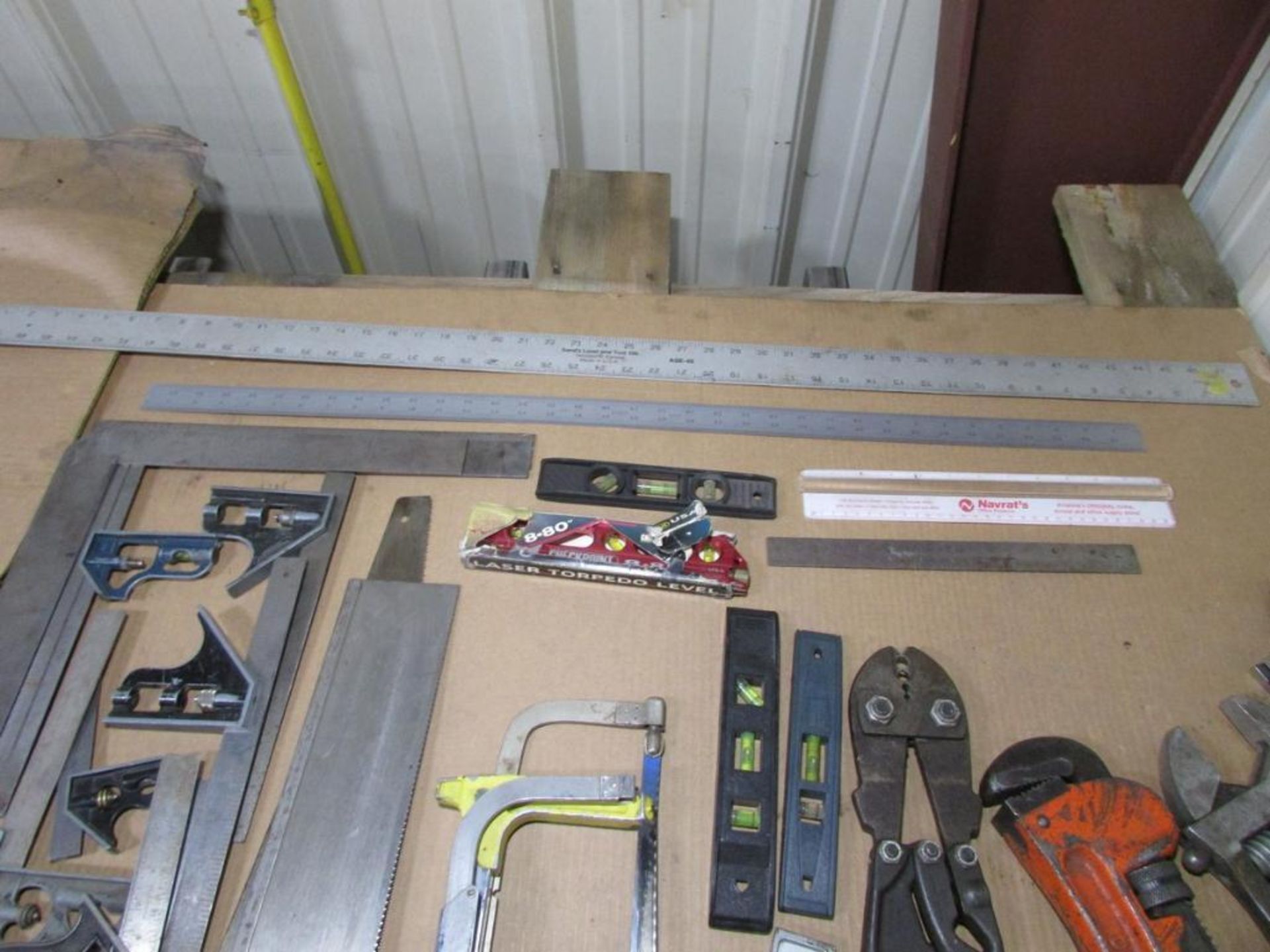 Assorted Hand Tools: Ruler, leveler, Squares, Saws, Compression tool, Adjustable Wrenches, and Pipe - Image 2 of 5
