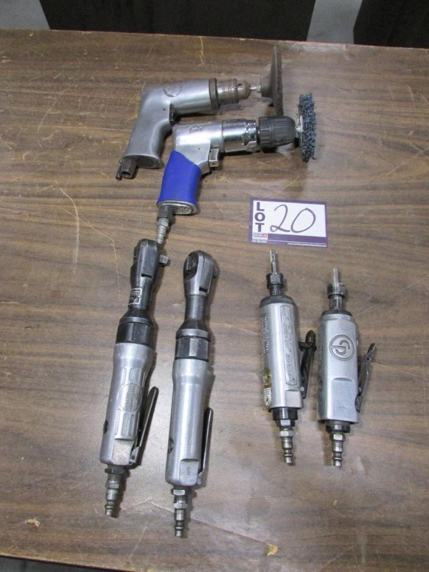 Assorted Pneumatic Power Tools: (2) Pneumatic Drills, (2) 3/8" Rachets, (2) Straight Die Grinders