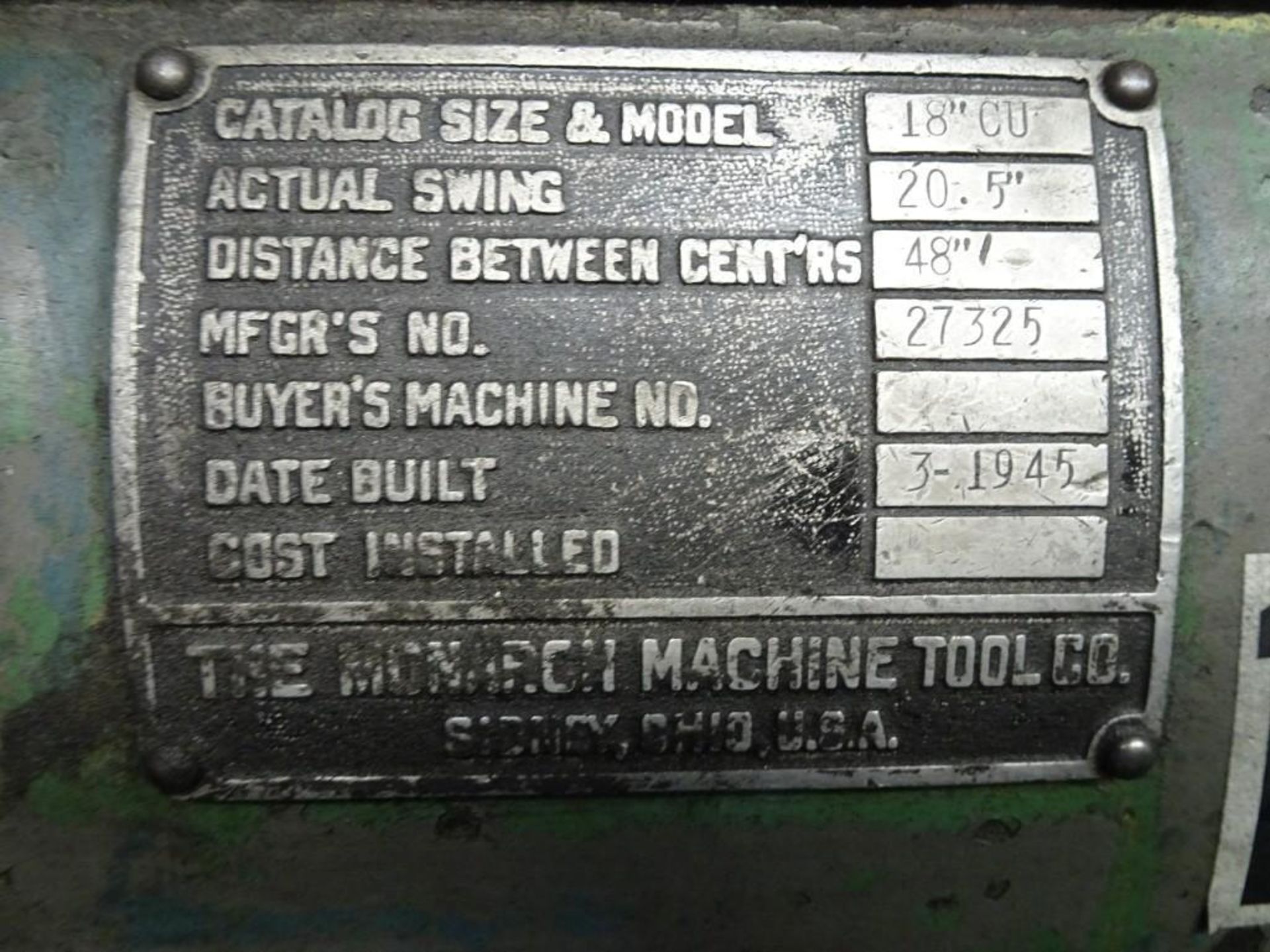 Monarch 18" Lathe, Actual Swing 20.5", Distance Between Centers 48", s/n 27325 - Image 4 of 4