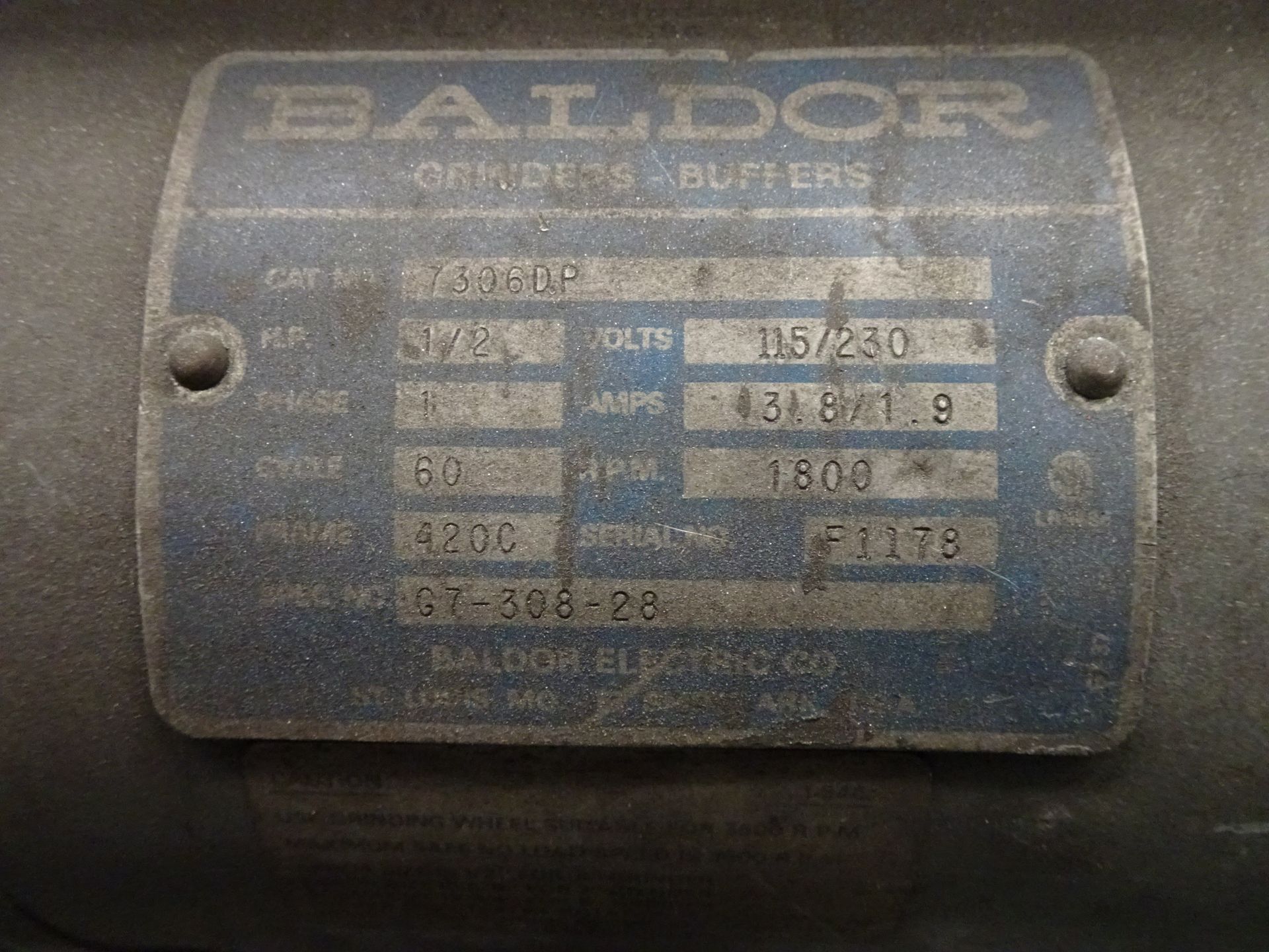 Baldor 7306DP 1/2 HP Double Ended Grinder 115/230 v, 1 ph, 60 Hz - Image 2 of 2