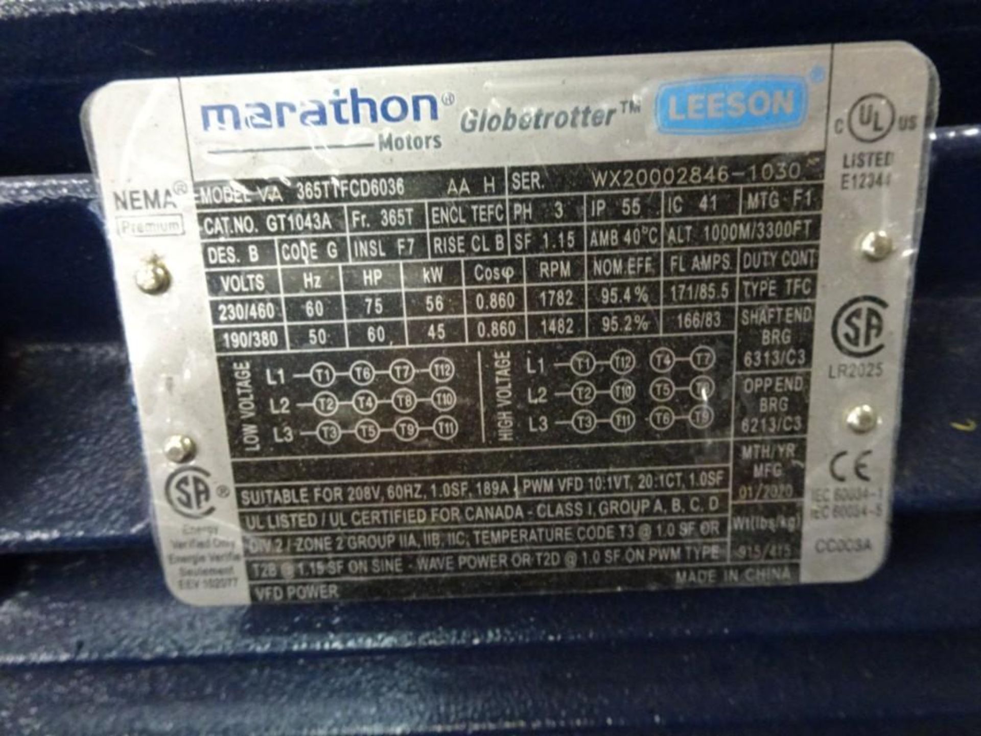 Marathon VA 365TTFCD6036 AA H 75 HP Motor 1782 RPM, 460 v, 3 ph, 60 Hz - Image 2 of 3