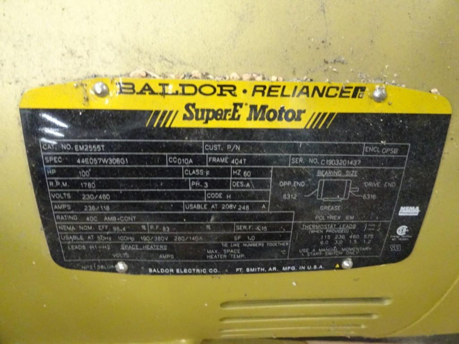 Baldor EM2555T 100 HP Motor 1780 RPM, 460 v, 3 ph, 60 Hz, s/n Z0912081046 - Image 2 of 3