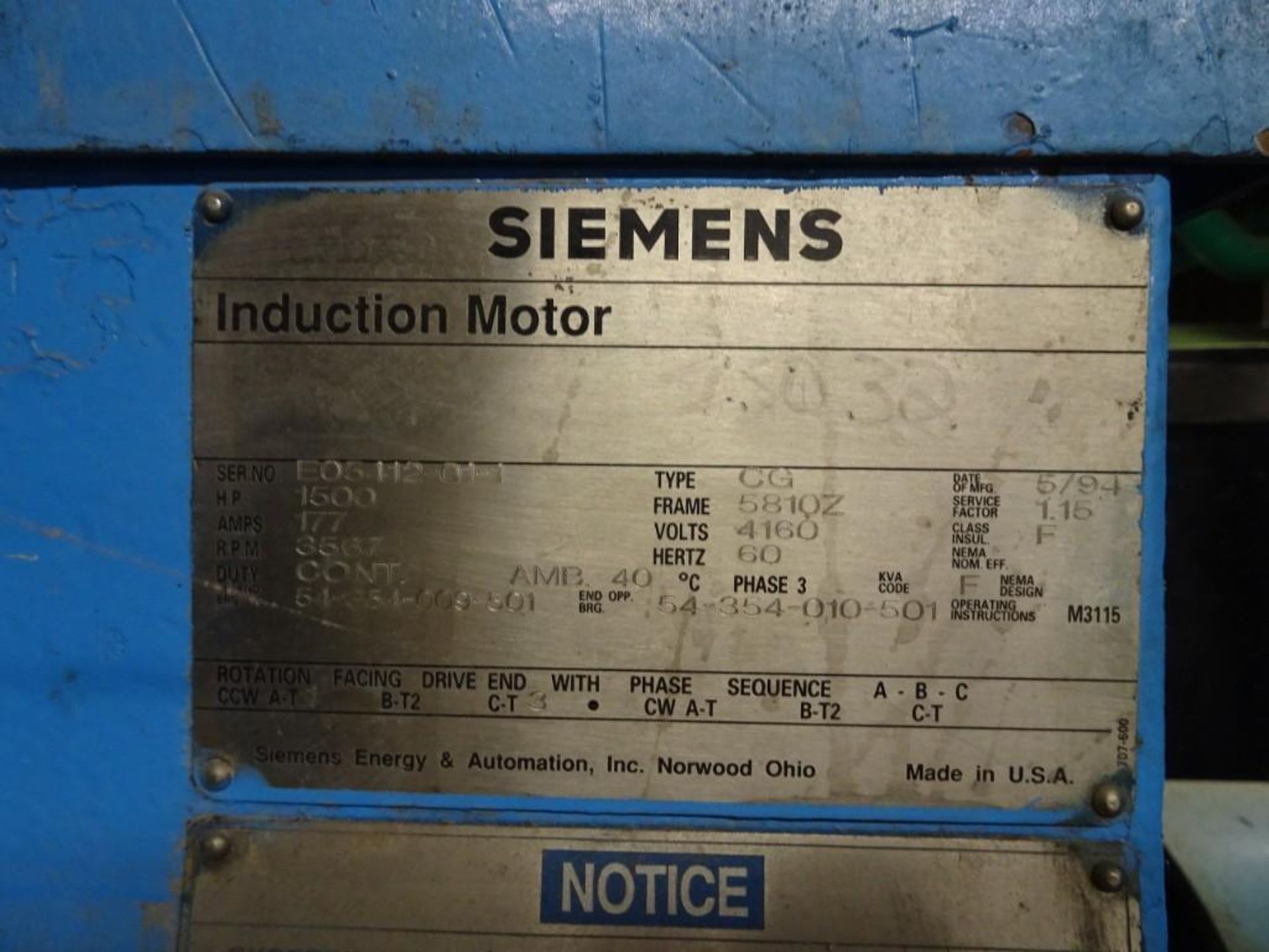 Ingersoll Rand 2C504/E3 Centrifugal Compressor w/ Siemens 1500 HP Induction Motor 177 AMPS, 3567 RPM - Image 5 of 5