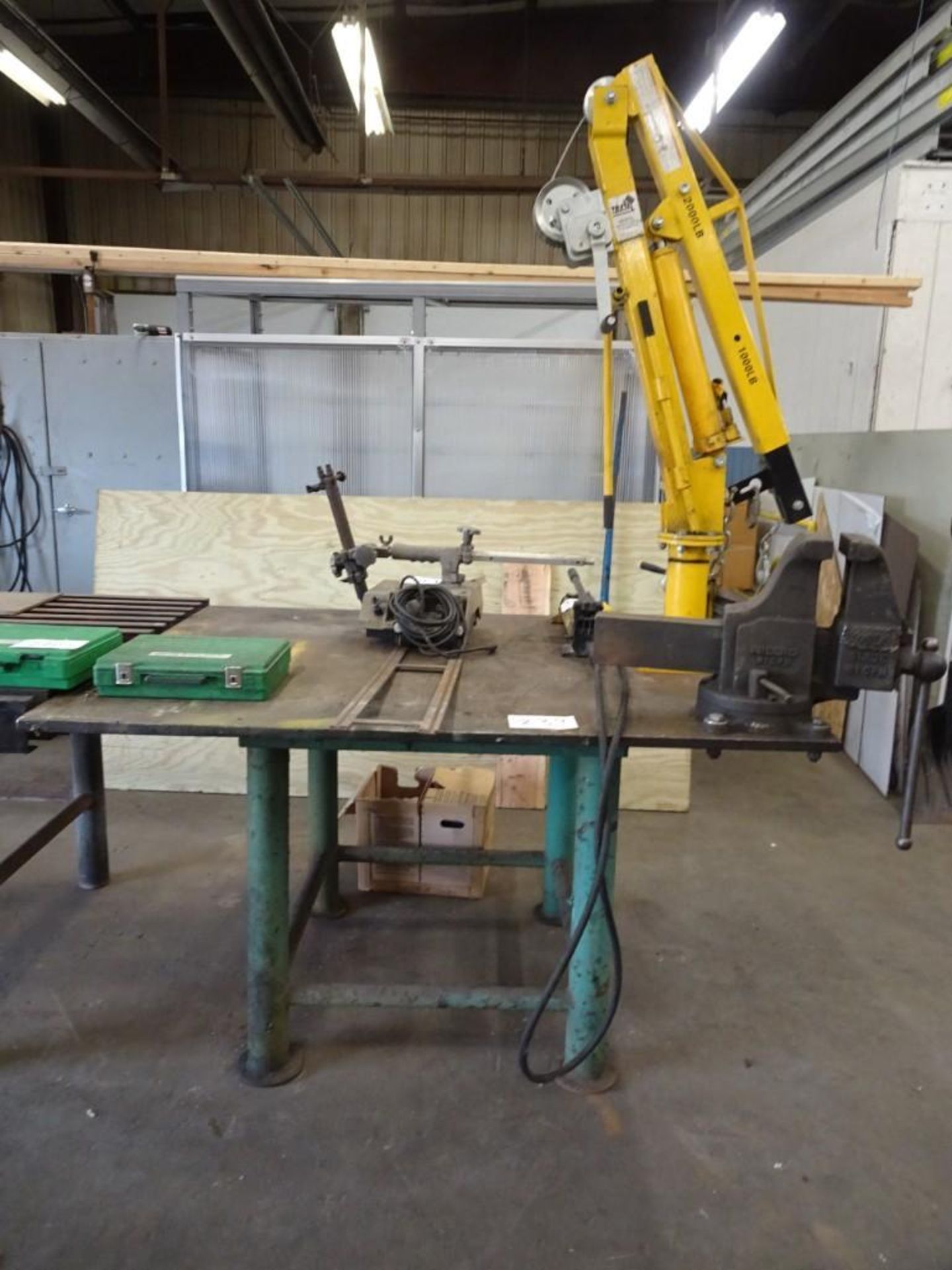 Steel Workbench w/ (1) Ridgid Tabletop Vice Grip and (1) Vestil Jib Crane