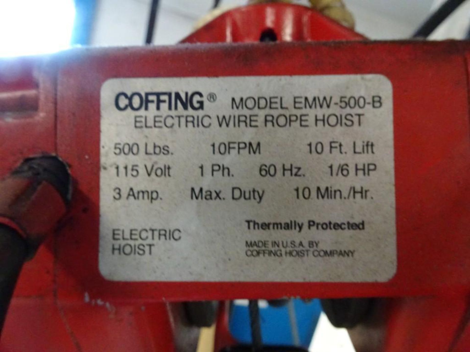 Coffing EMW-500-B, 500 lb Capacity Electric Wire Rope Hoist - Image 3 of 3