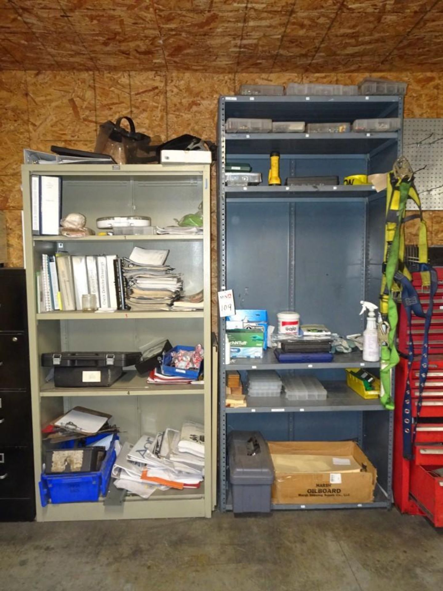 (2) Steel Shelving Units w/ Contents Consisting of: Ear Plugs, Hand Cleaner, Drummel Kit, and more