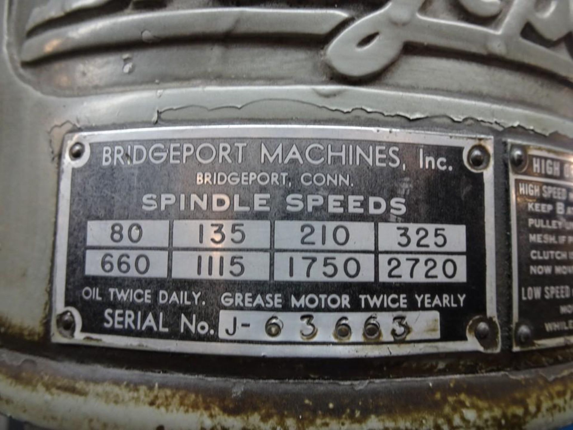 Bridgeport 1 HP Mill 3 ph, 1500/1800 RPM, s/n J-63663 - Image 5 of 6