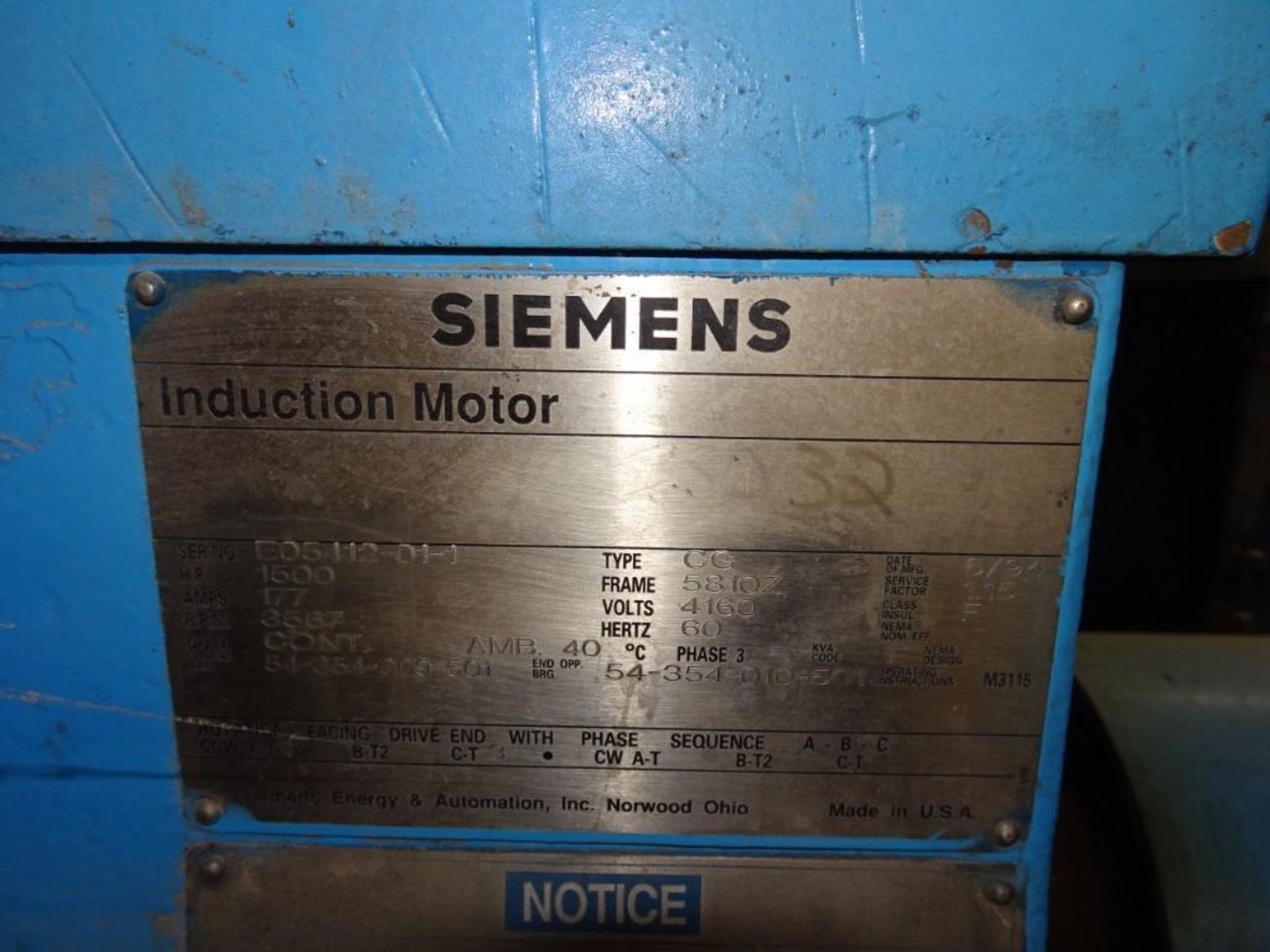 Ingersoll Rand 2C504/E3 Centrifugal Compressor w/ Siemens 1500 HP Induction Motor 177 AMPS, 3567 RPM - Image 4 of 5