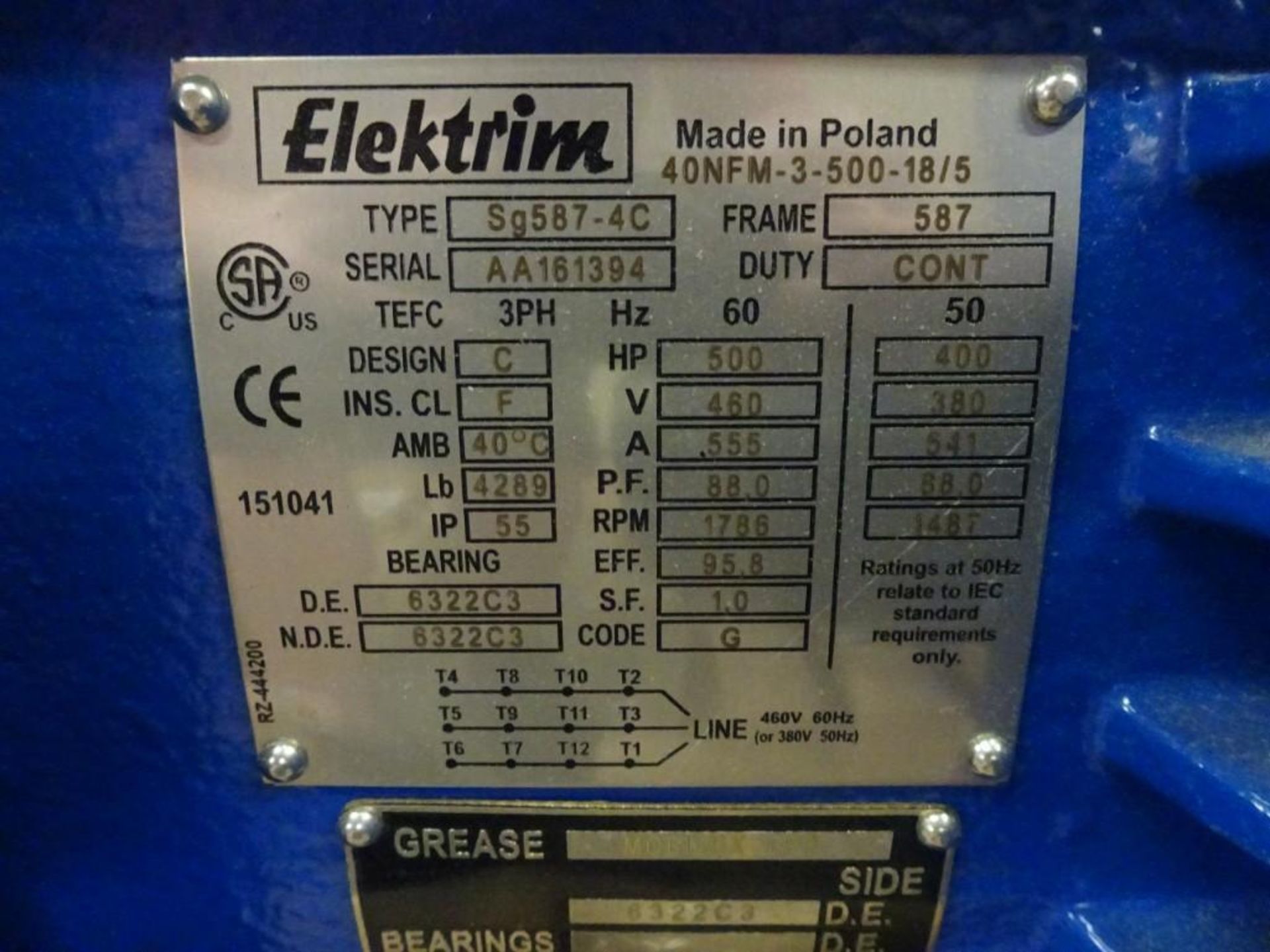 ElektrimSg587-4C500 HP Motor 1786 RPM, 460 v, 555 AMPS, 60 Hz w/ MOBILUX EP3 Grease - Image 2 of 3