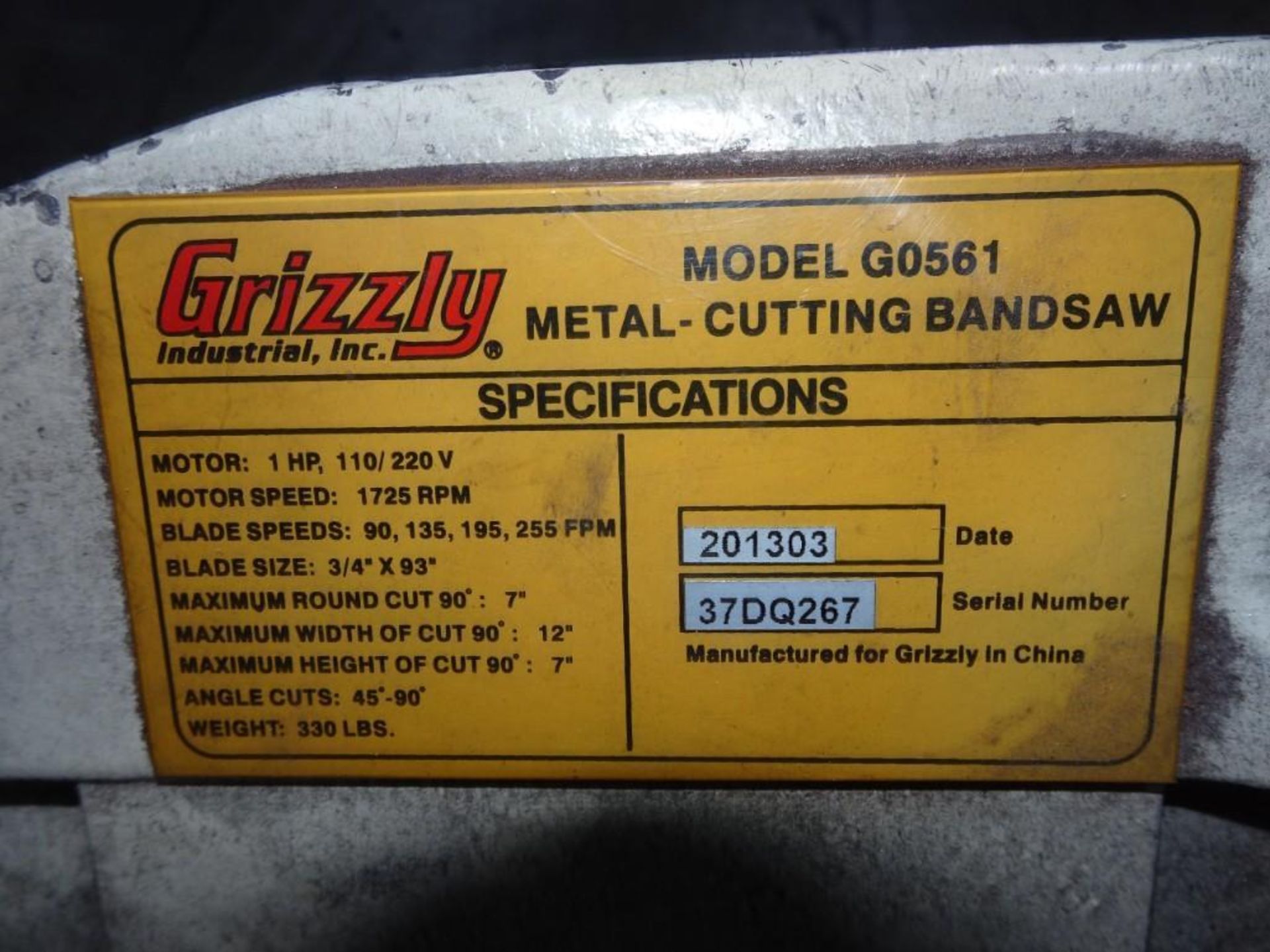 Grizzly G0561 1 HP Metal-Cutting Bandsaw, s/n 37DQ267 - Image 2 of 2