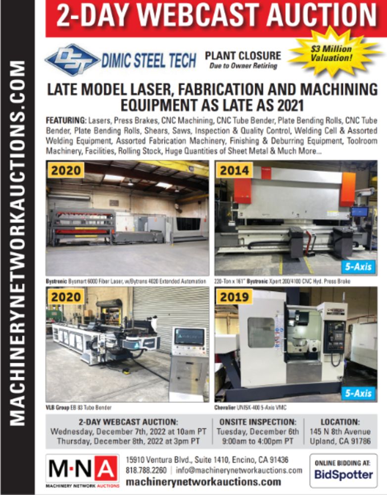 (2) Day Auction Plant Closure Due to Owner Retiring: Late Model Lasers, Fabrication, & Machining Equipment as Late as 2021