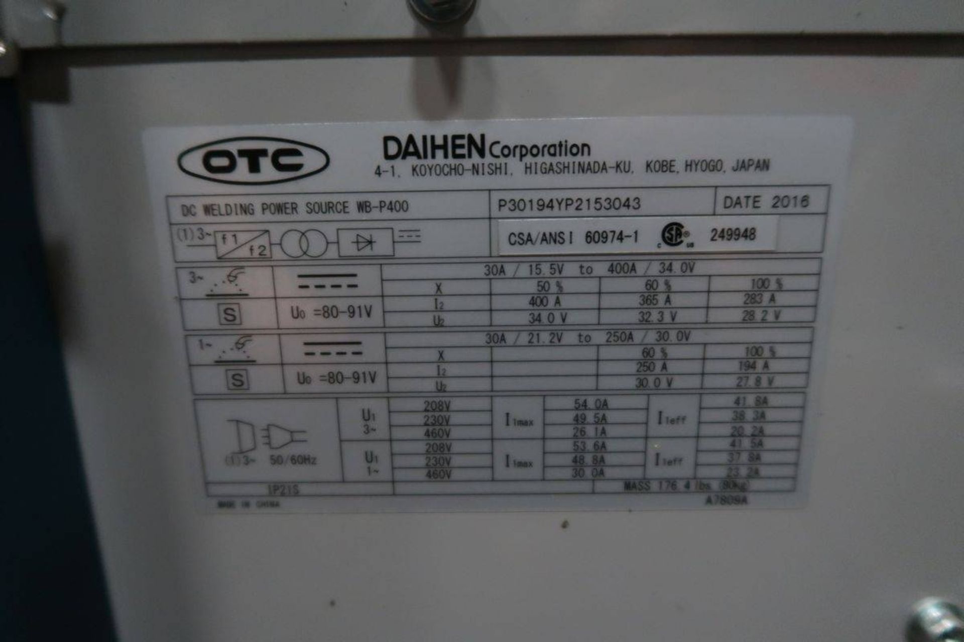 2016 OTC P400 400A Welding Power Source - Image 4 of 5