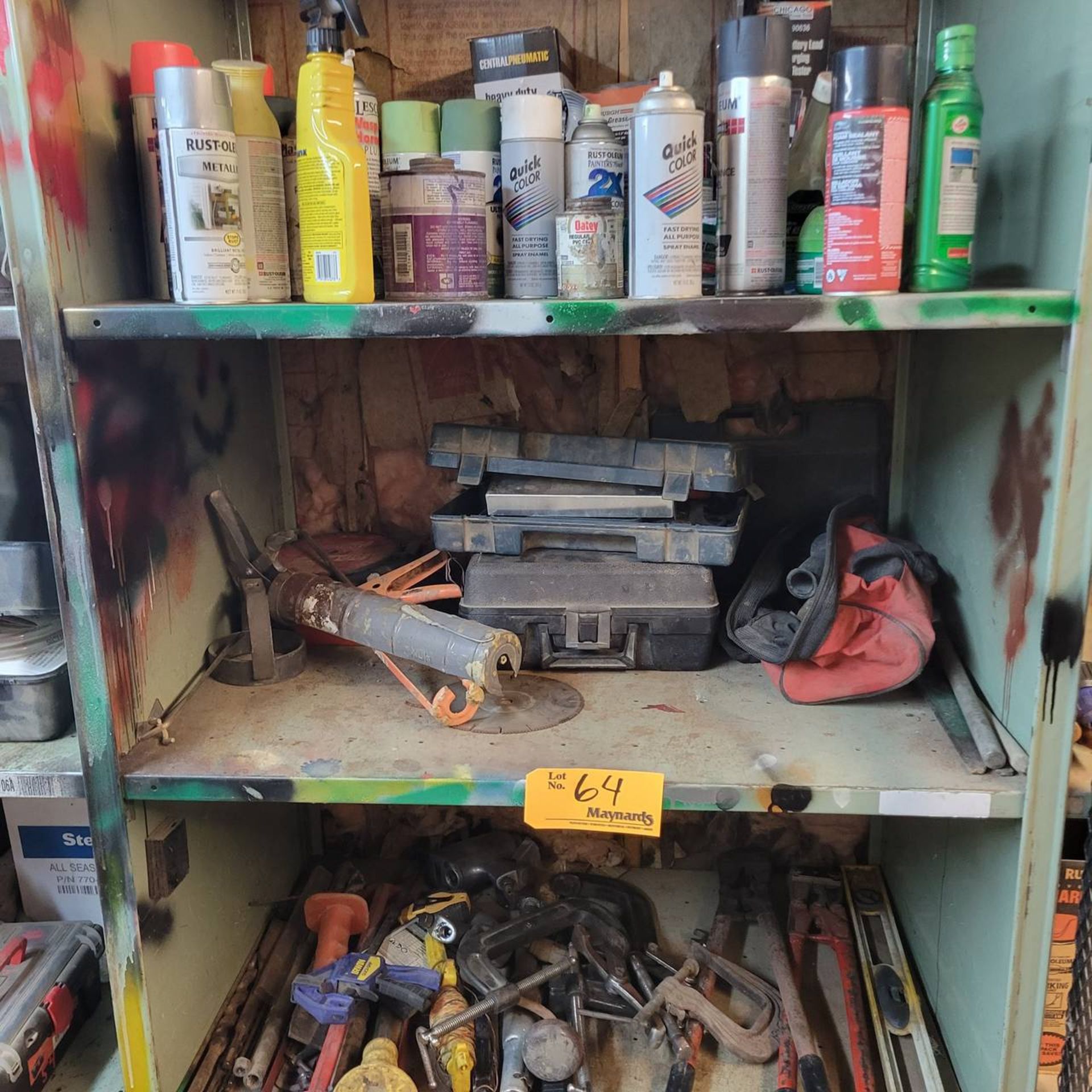 Lot of assorted hand tools and supplies on shelf