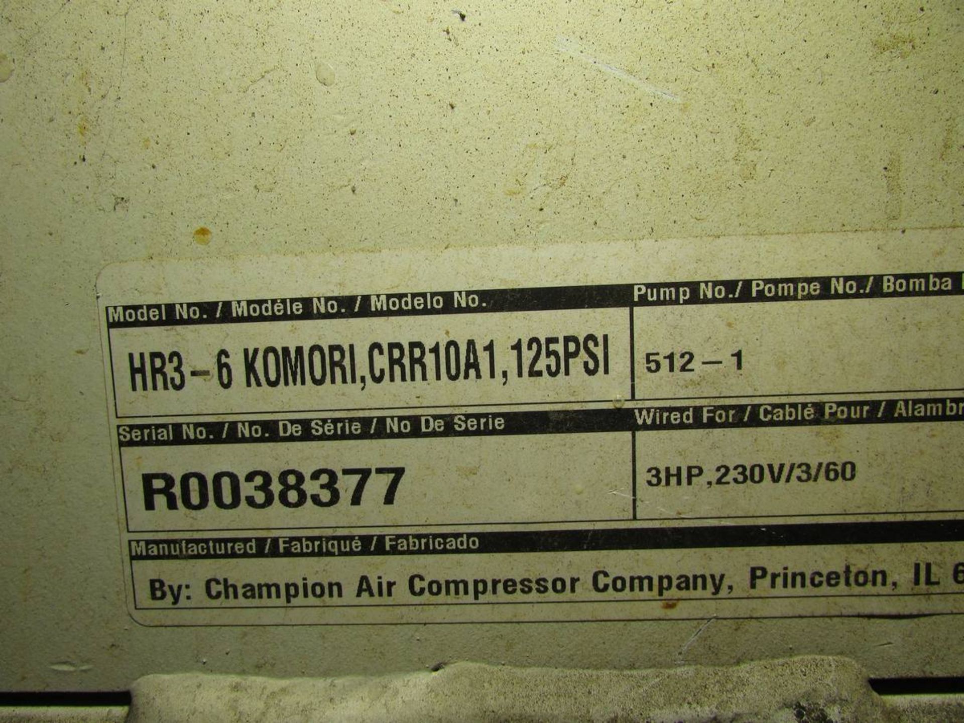 Champion Air Compressor Co. HR3-6-KOMORI CRR10A1 3HP Horizontal Tank Mounted Air Compressor - Image 8 of 9